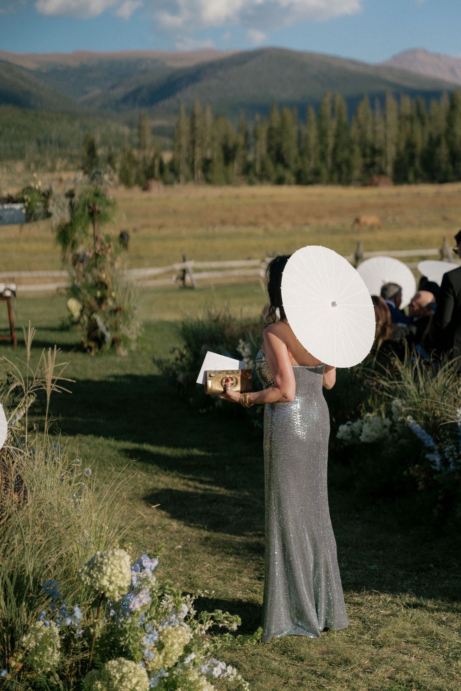 Wedding party in formal attire posing in a scenic mountain meadow with wildflowers.