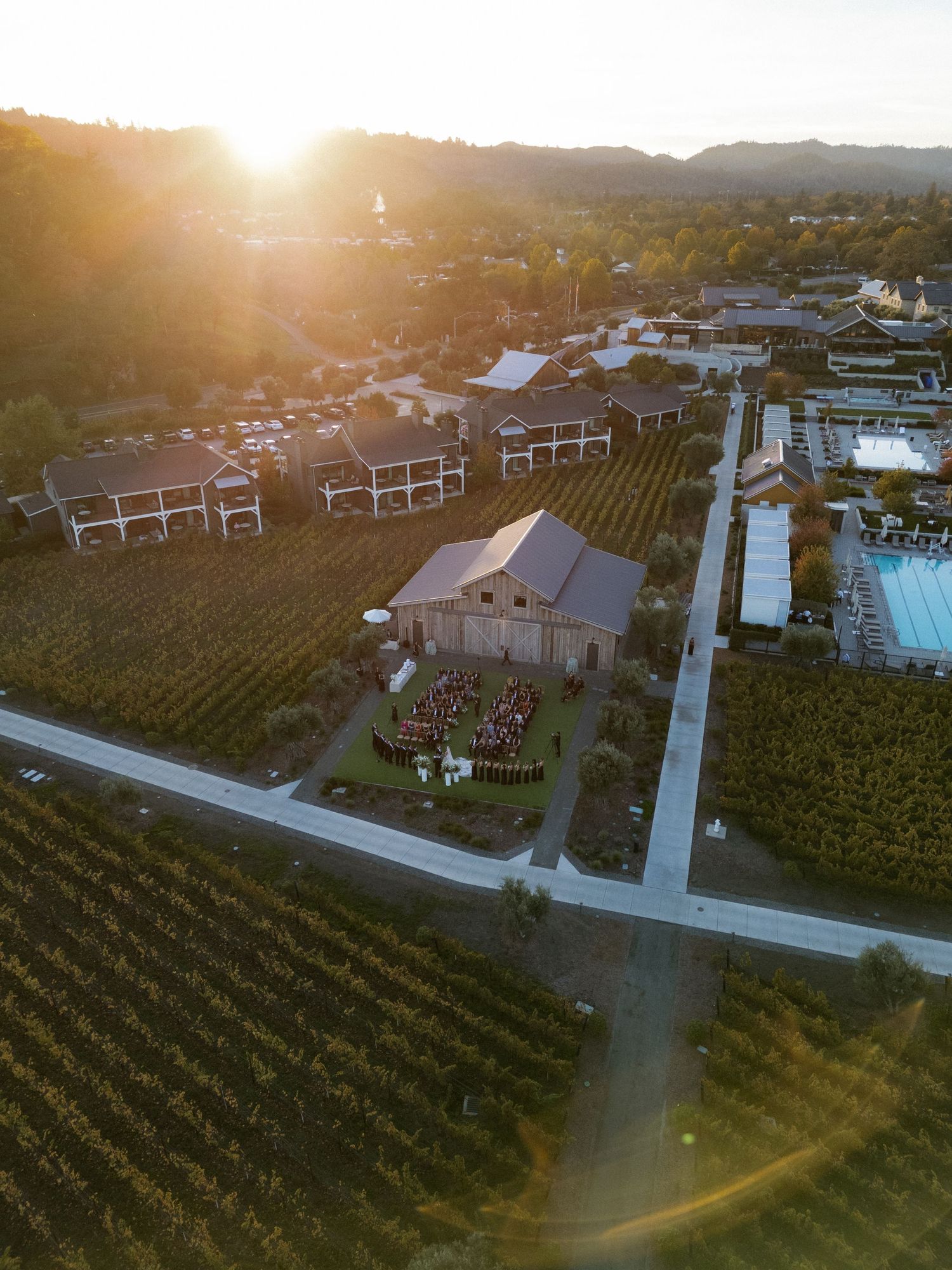 Aerial view of a vineyard and event venue during golden hour with rows of grapevines.