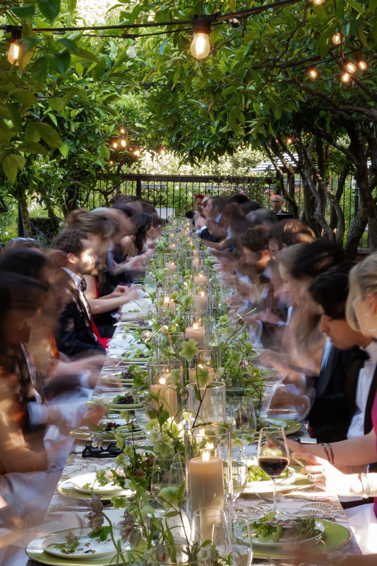 Long outdoor wedding reception table adorned with candles and greenery under string lights and lush trees.
