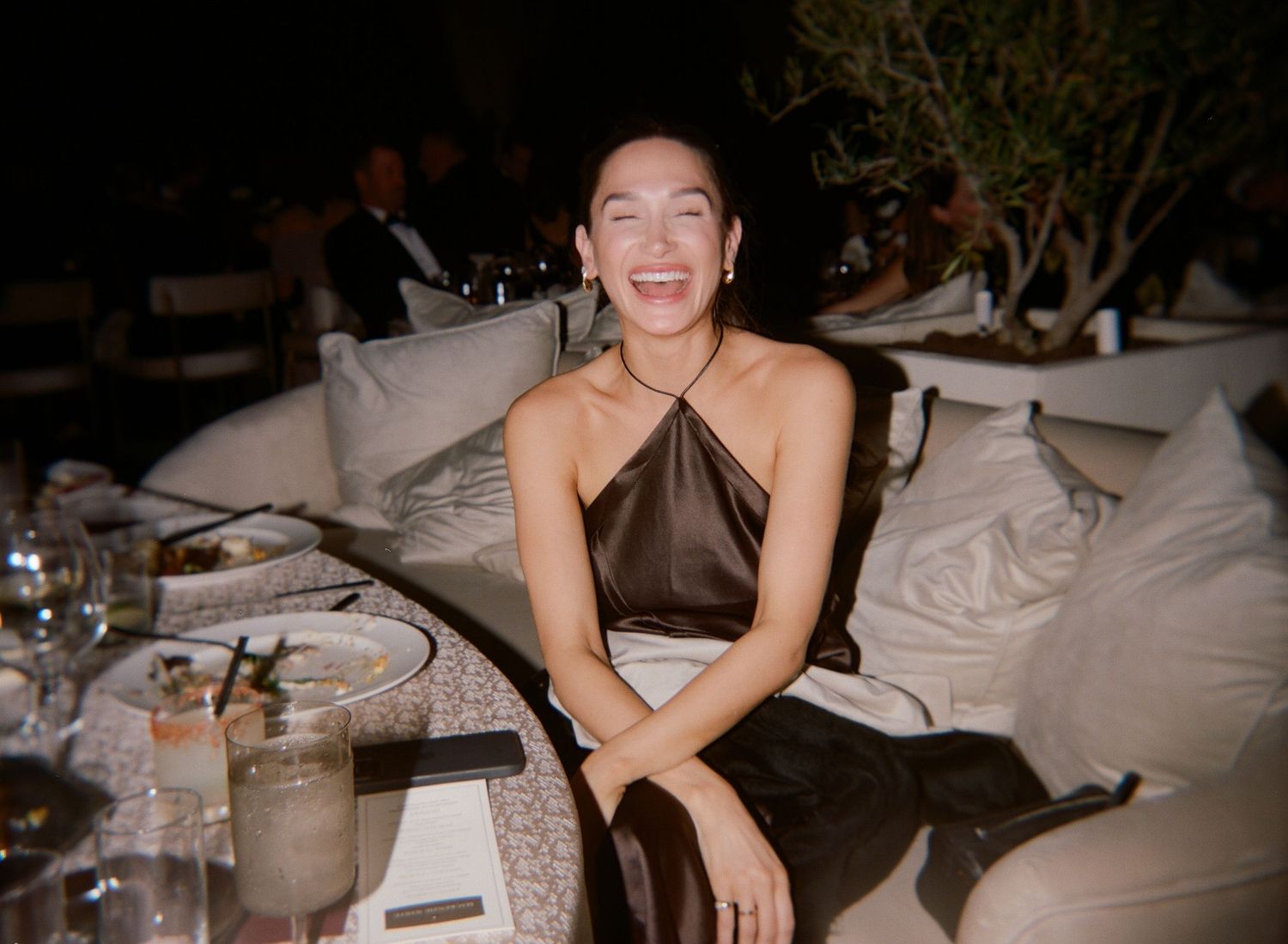 Wedding reception party scene with guests laughing at a candlelit dinner table.