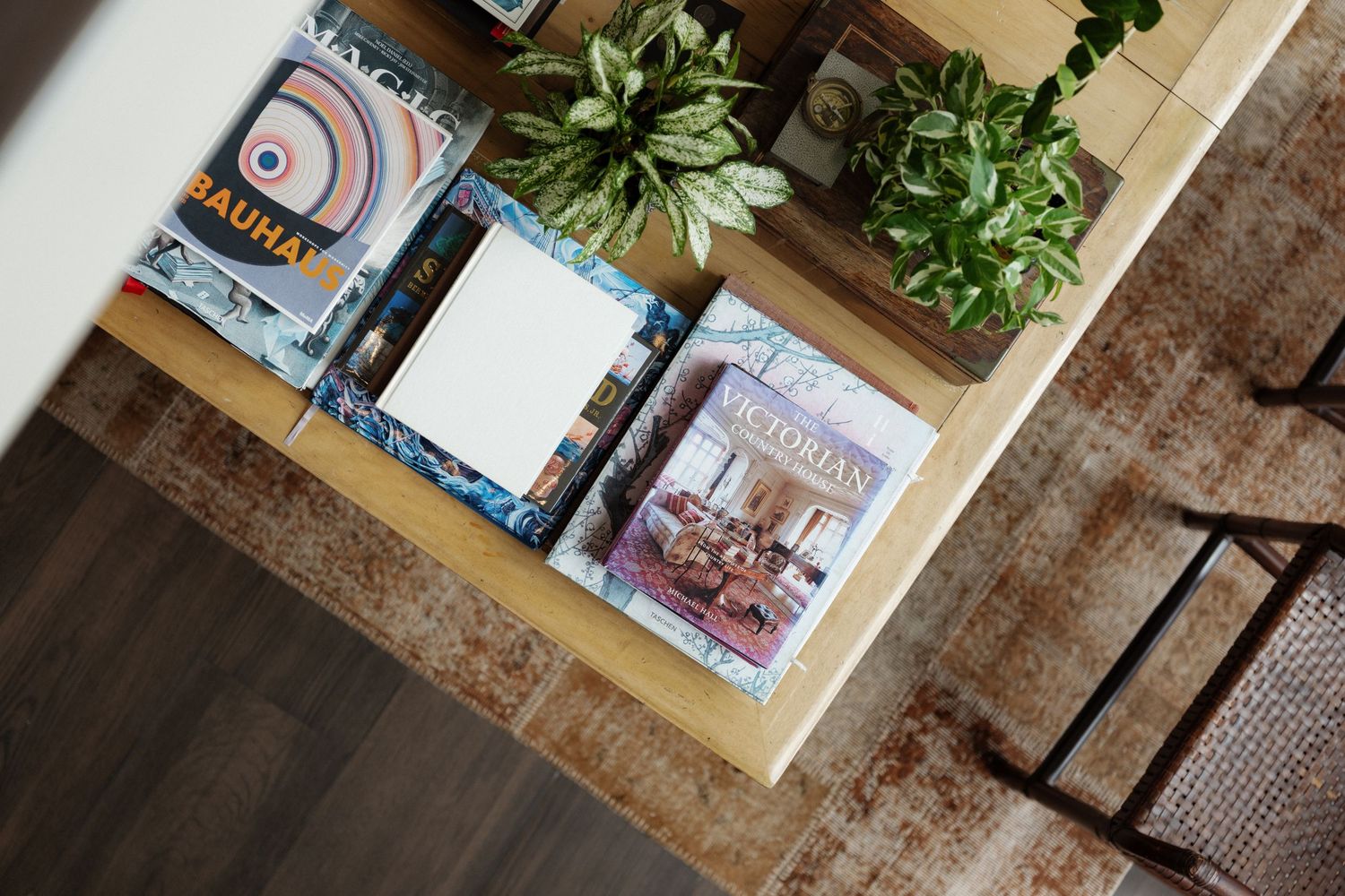 An indoor display featuring various framed artwork and potted plants on a wooden shelf.