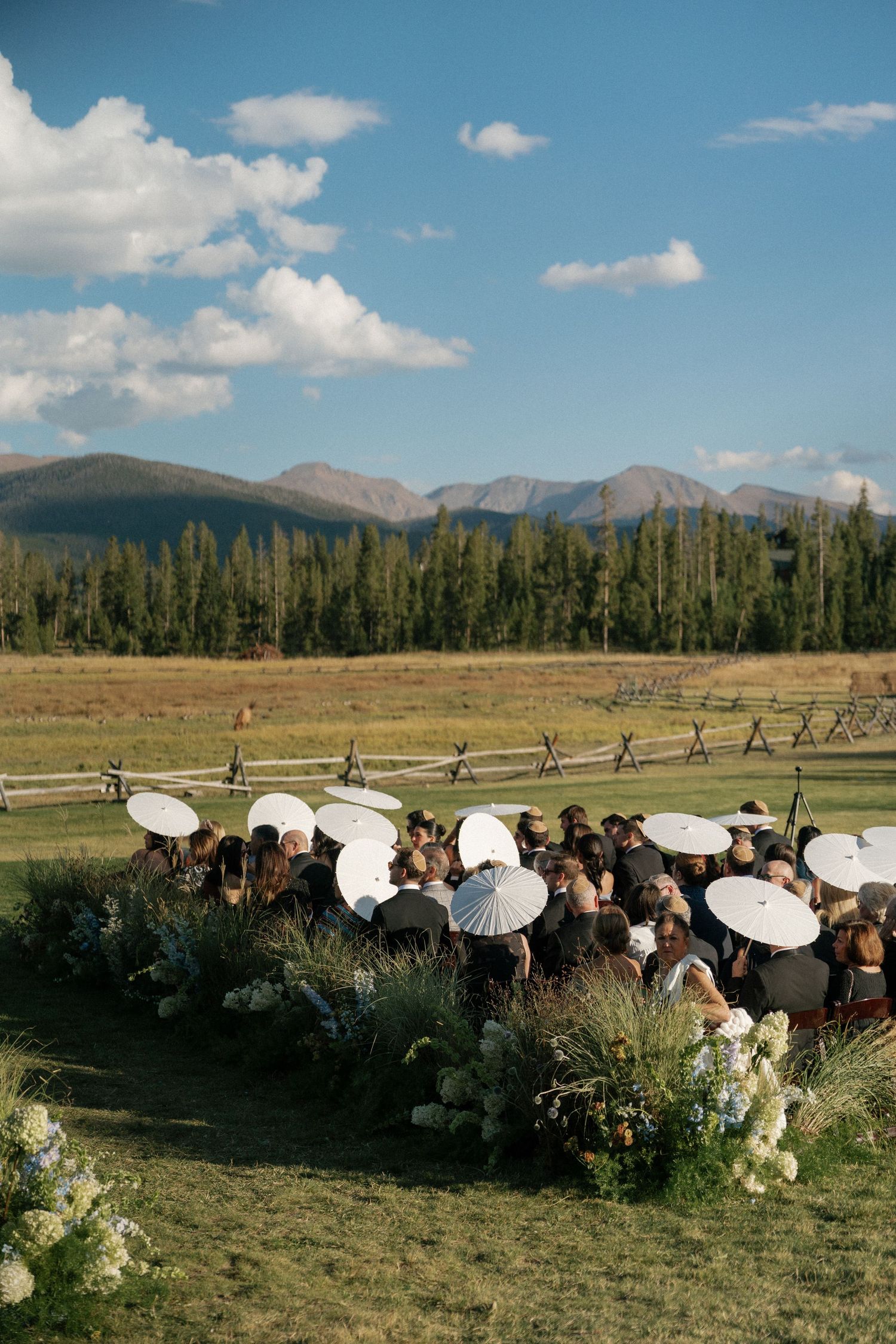 Wedding guests with white parasols gathered in front of mountain vista and wooden fence.