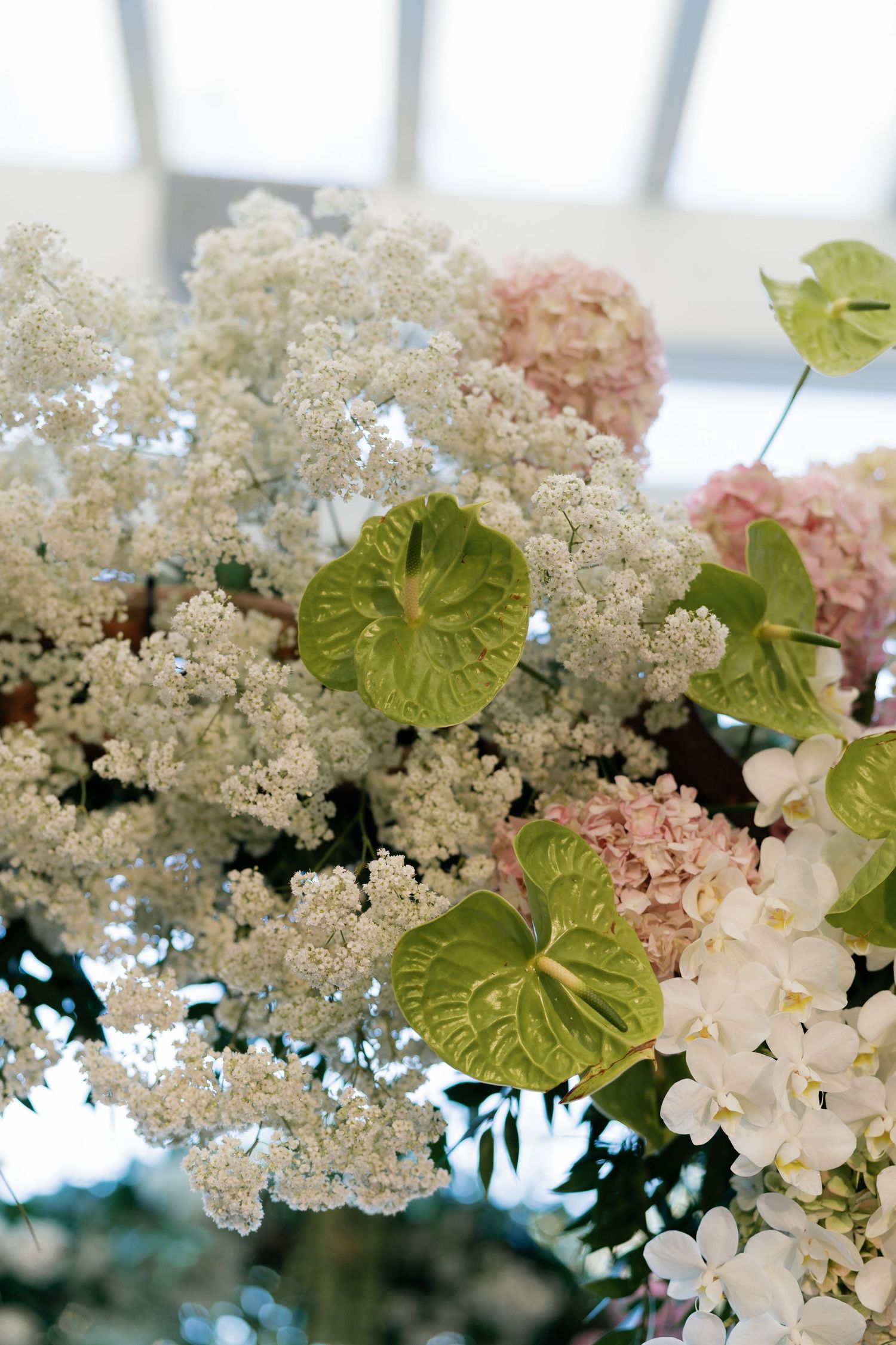 Elegant floral arrangement featuring white hydrangeas, green anthurium leaves, and pink blooms.