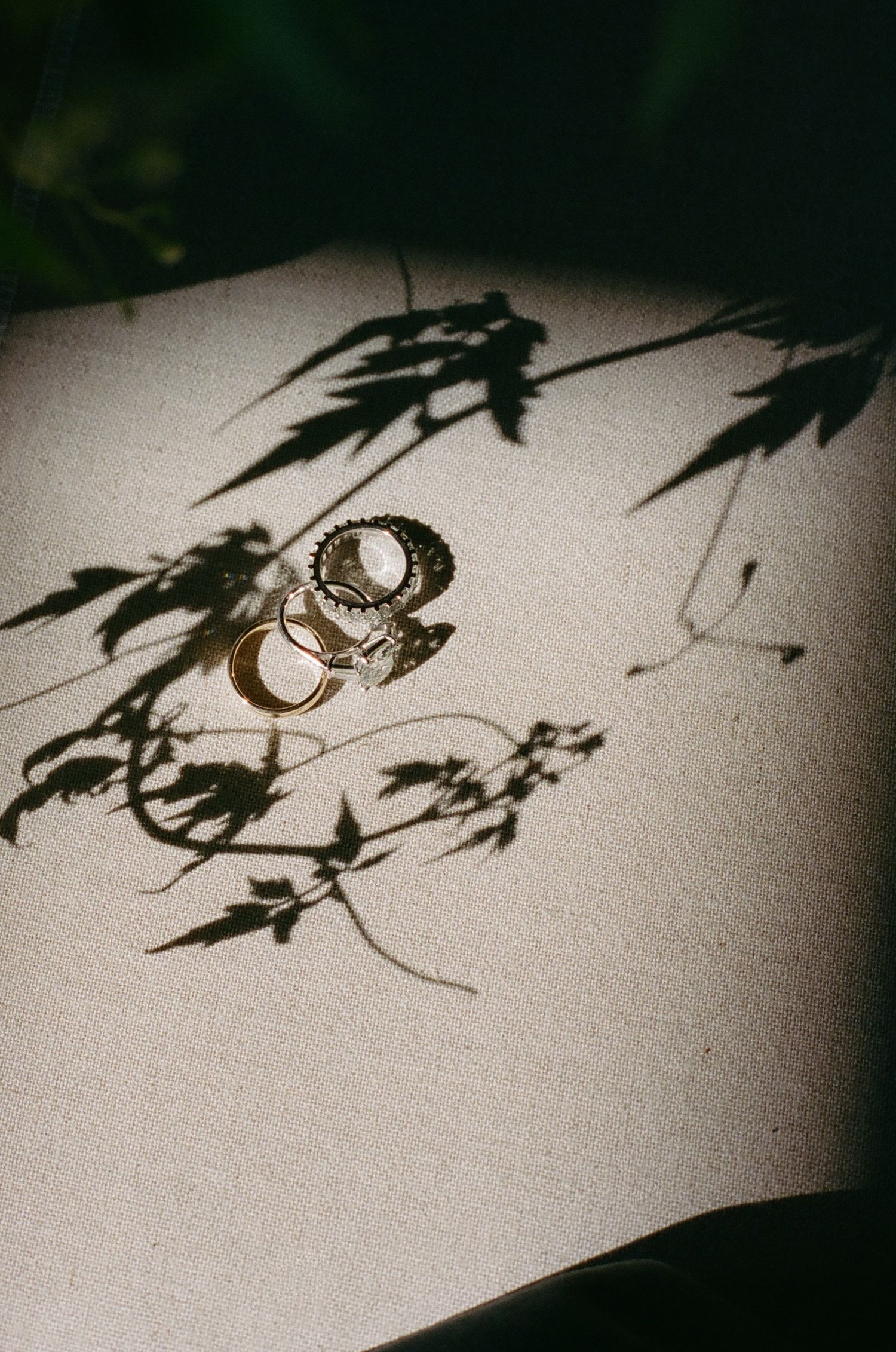 Wedding rings casting delicate leaf shadows on white linen fabric.
