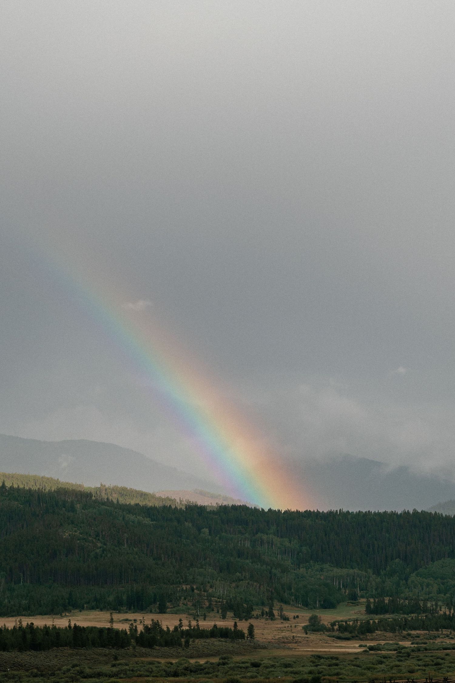 Vibrant rainbow arches across mountain landscape during stormy weather.