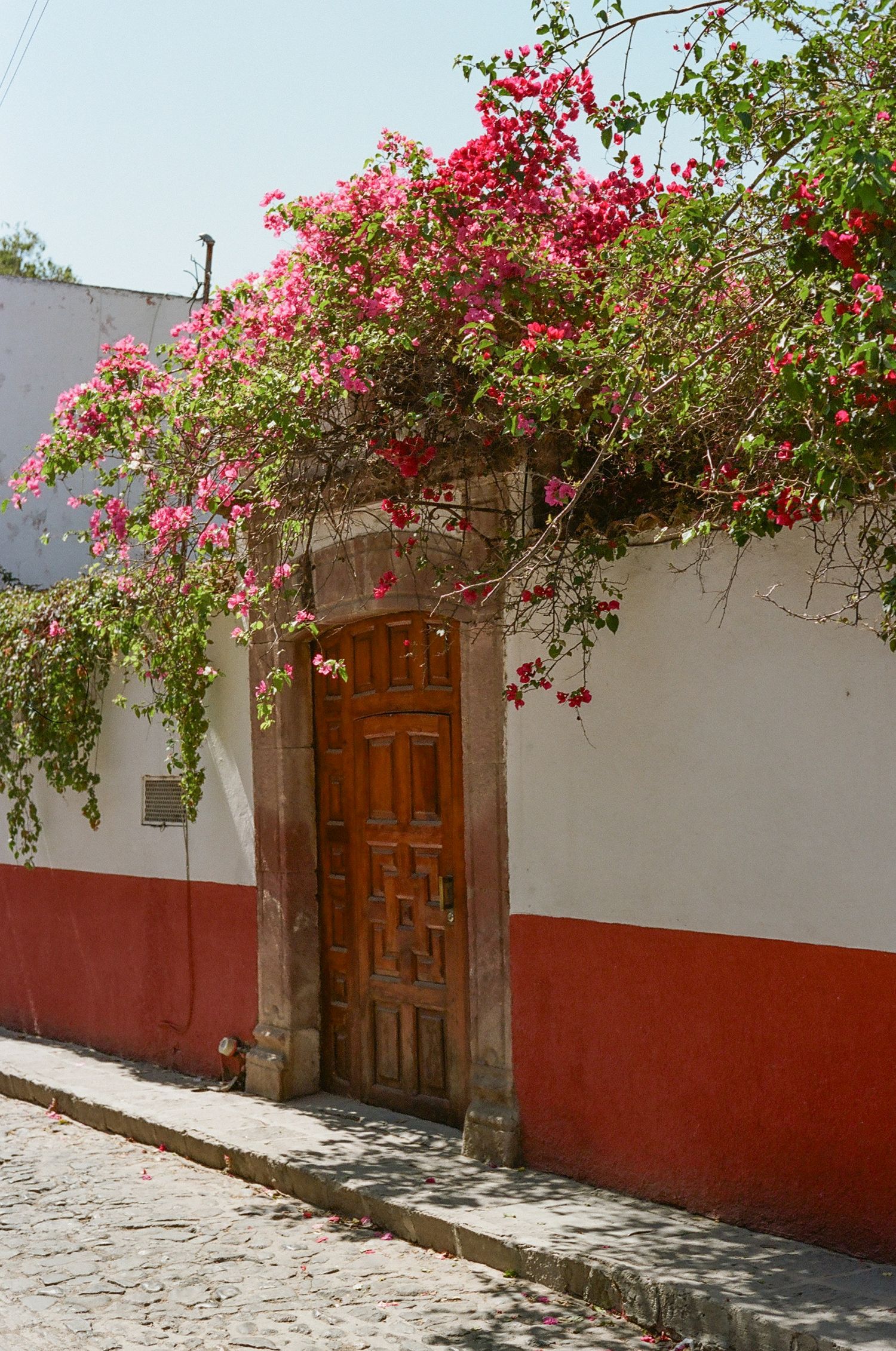 White building facade with red trim and wooden doors adorned by pink bougainvillea flowers.