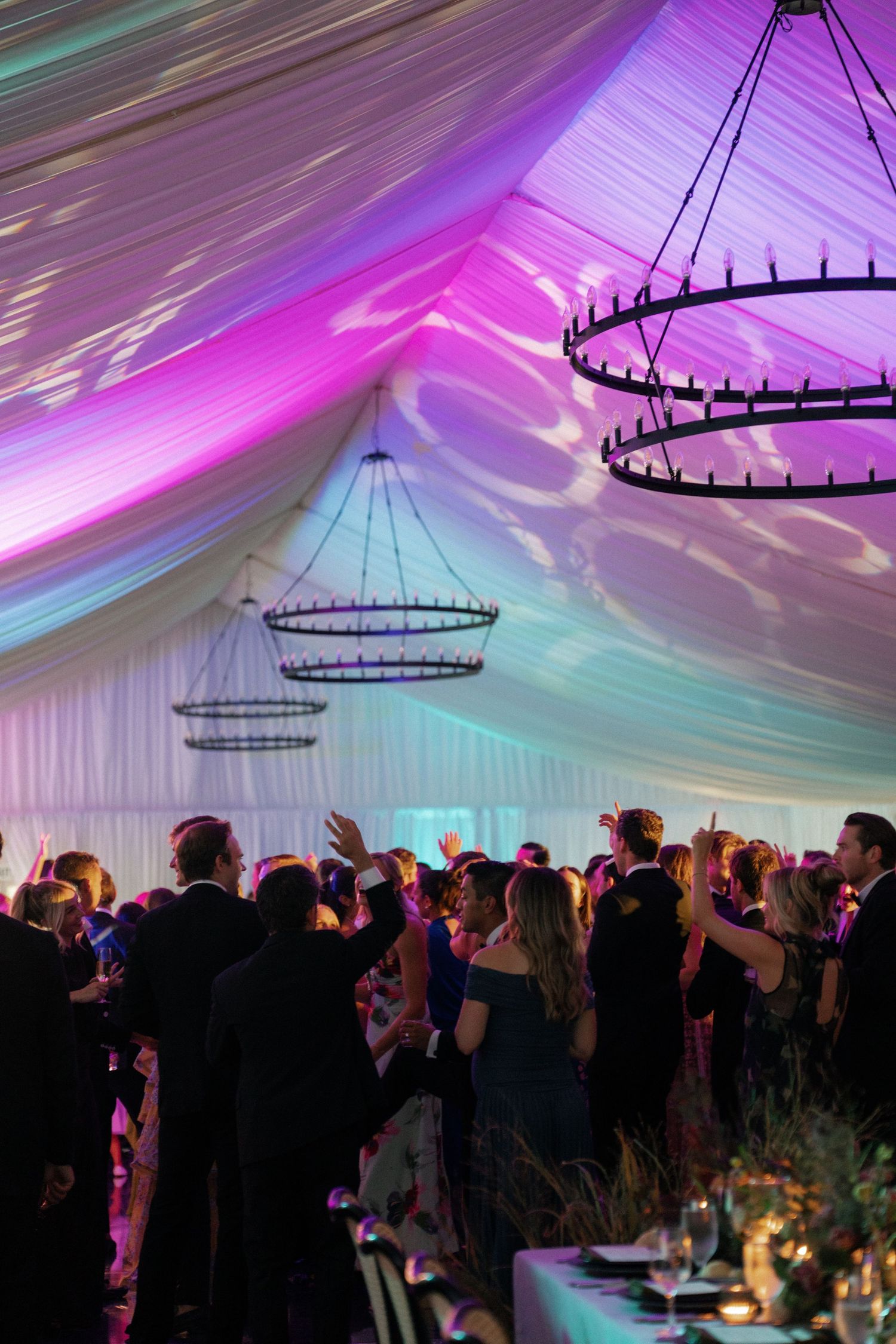 Wedding reception dance floor illuminated with vibrant purple and pink lighting under a tented ceiling.