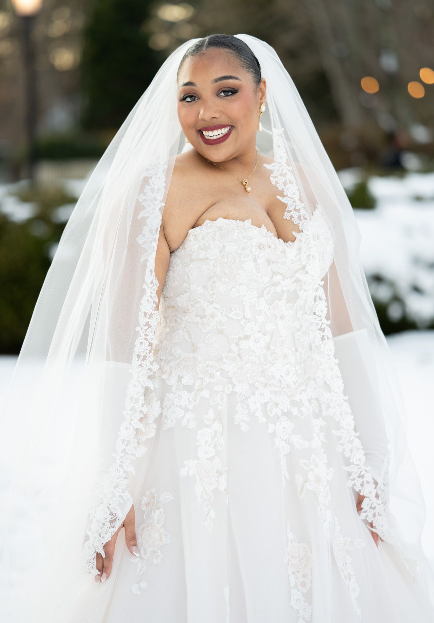 Beautiful winter bridal portraits showcasing detailed lace wedding gown.
