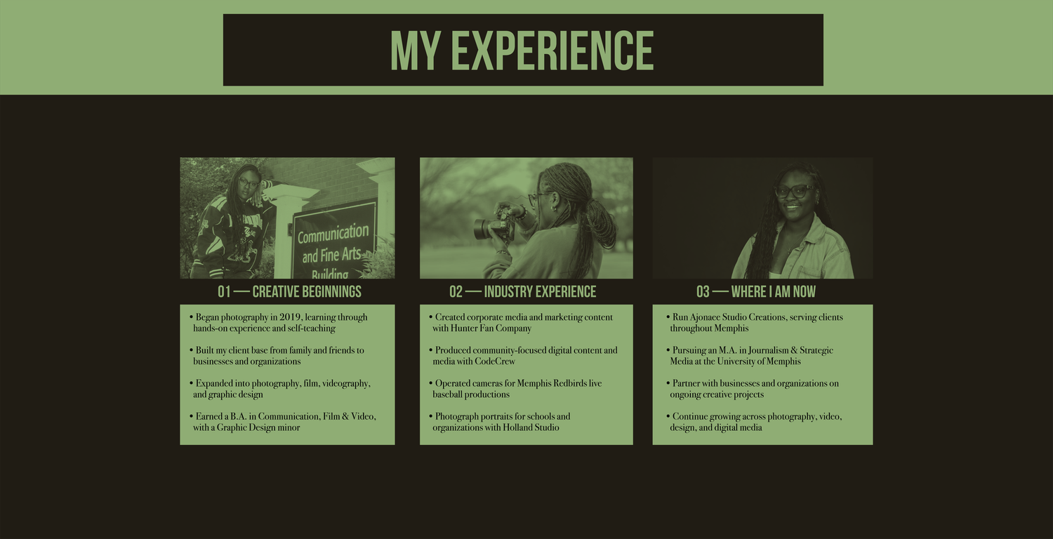 A green and dark themed 'My Experience' webpage layout with three columns featuring images and text descriptions.