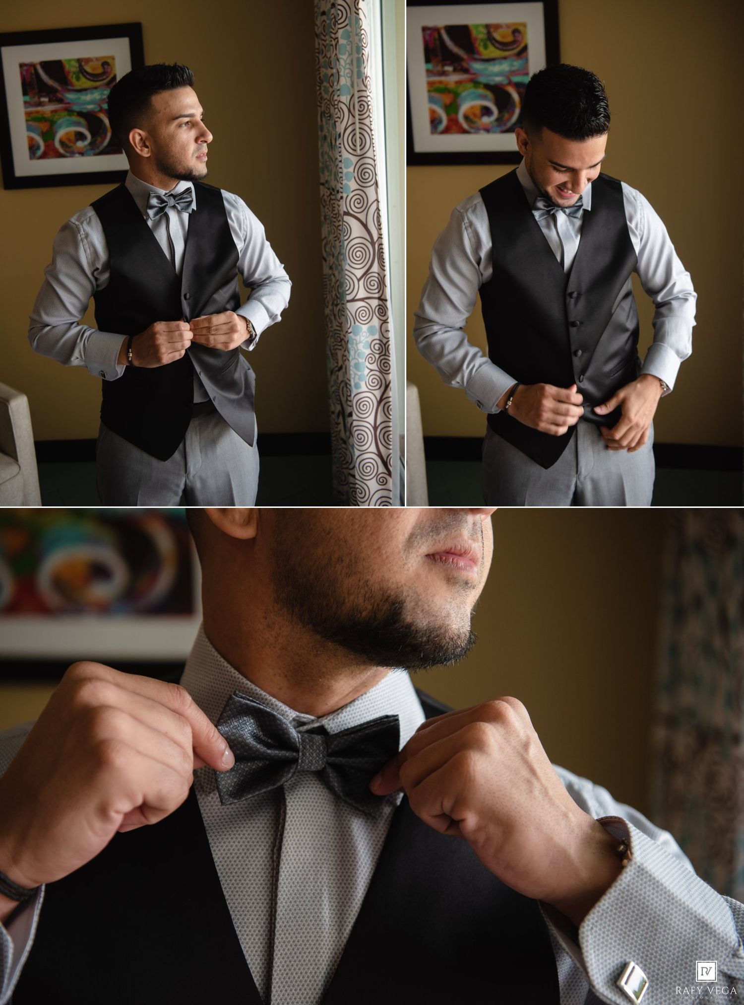 Groom adjusting his gray bow tie and black vest while getting ready for his wedding day.