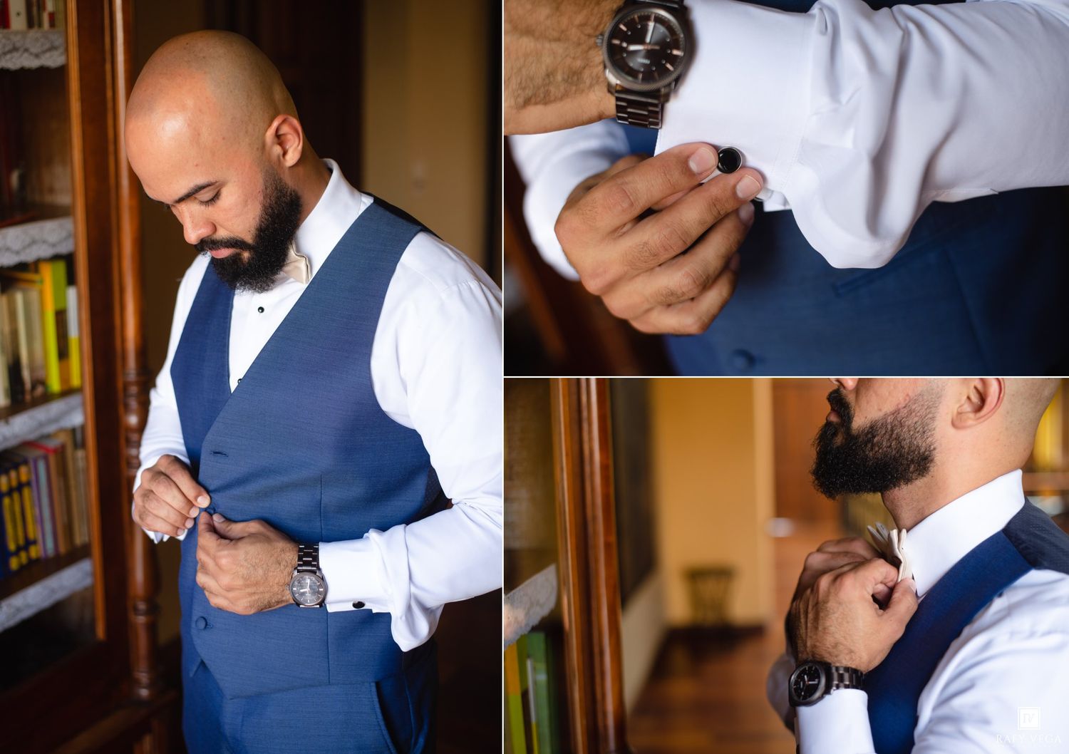 Groom in blue vest and white shirt adjusting his suit while getting ready for his wedding day.
