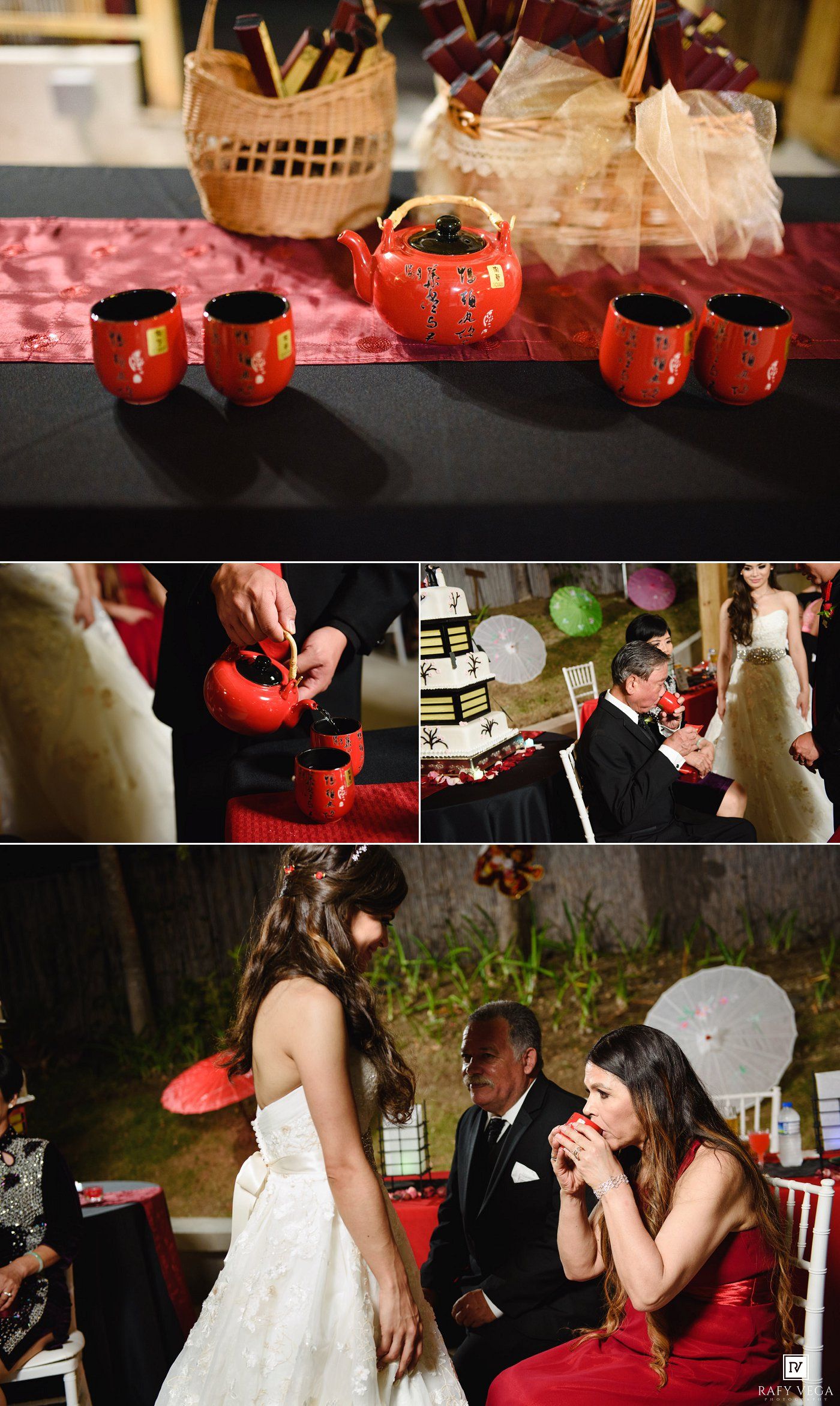 Red Japanese tea set with teapot and cups displayed at an Asian-themed wedding reception ceremony.