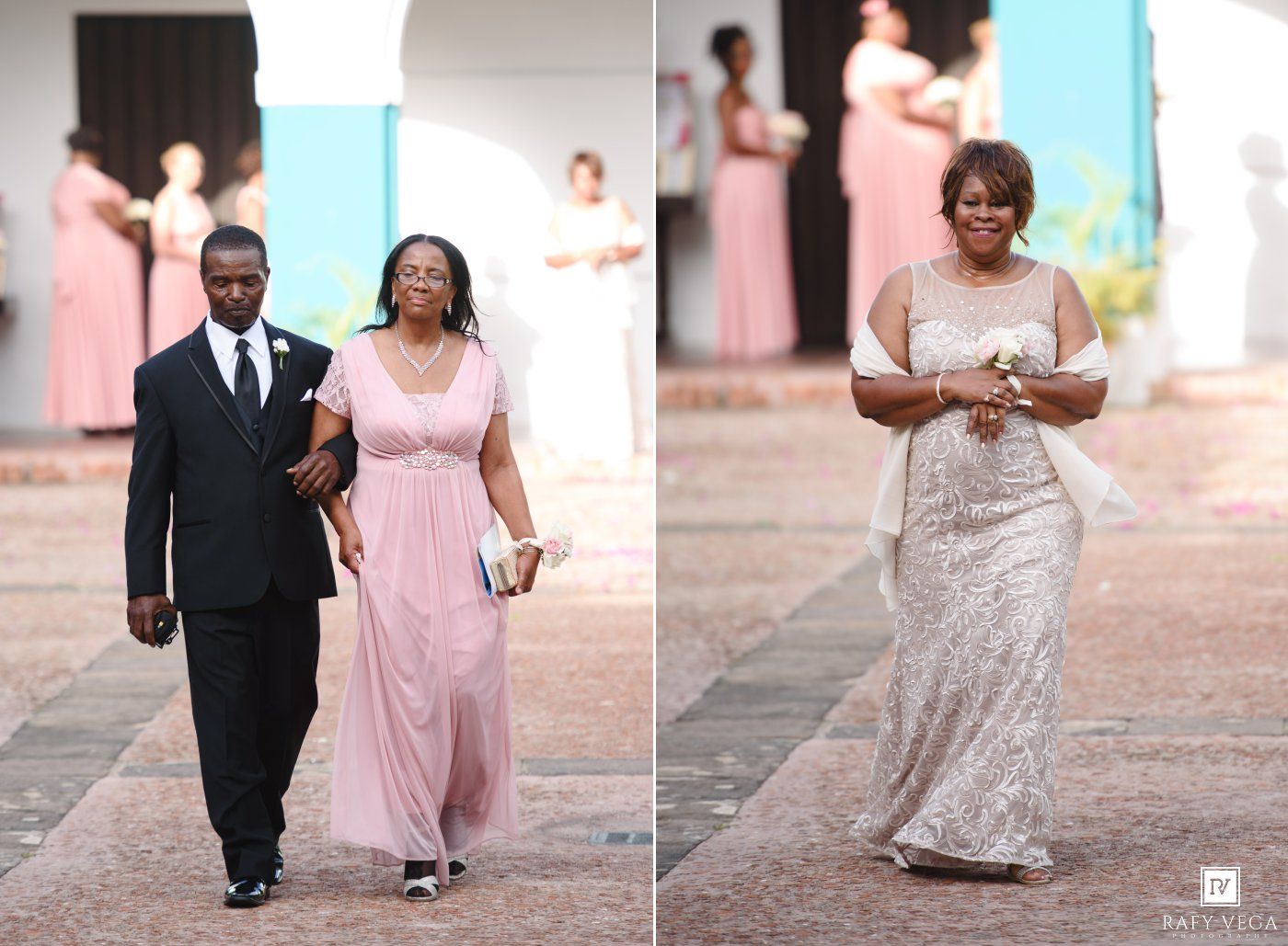 Elegant wedding guests in pink and silver gowns walk down the aisle at an outdoor ceremony.