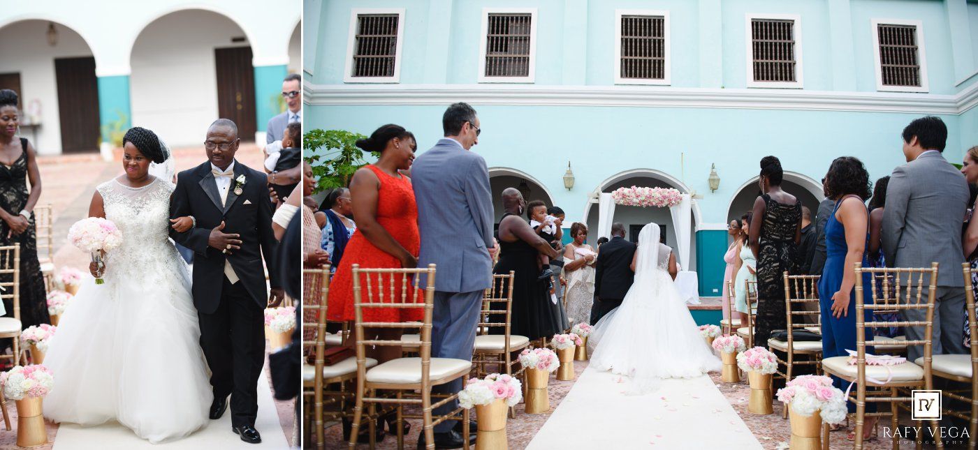 Bride walks down the aisle with her father at an outdoor wedding ceremony with gold chairs and floral decorations.