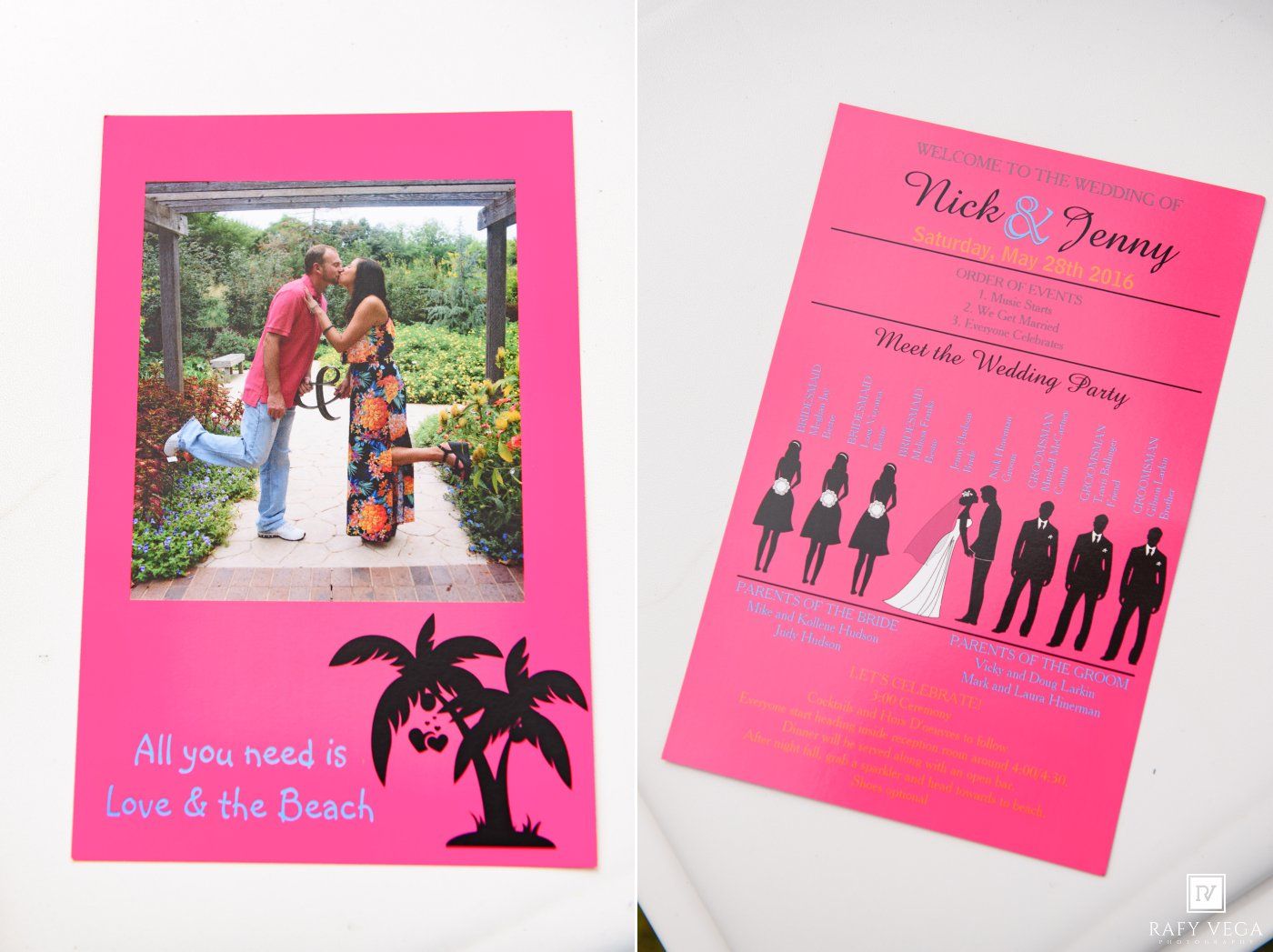 Hot pink beach wedding invitation suite for Nick and Jenny featuring silhouettes and a couple photo.