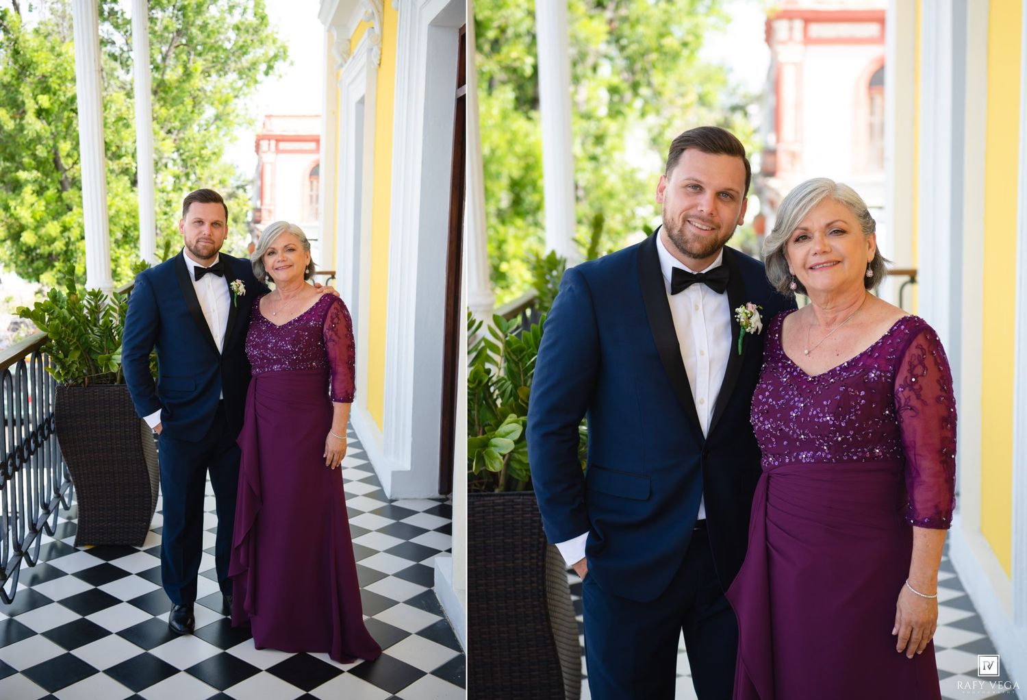 Groom in navy tuxedo poses with elderly woman in purple sequin gown at elegant venue with checkered floors.
