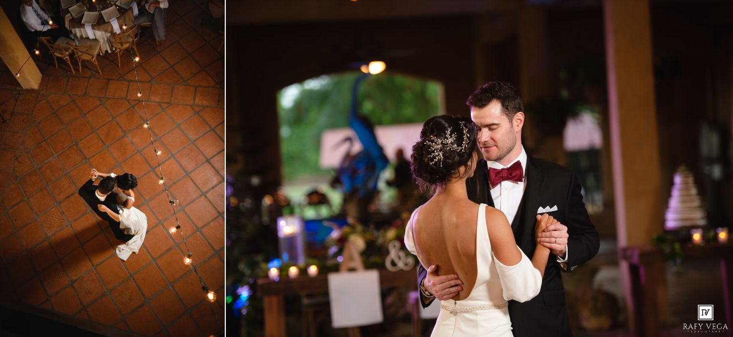 Bride and groom share their first dance at wedding reception, captured from aerial and eye-level perspectives.
