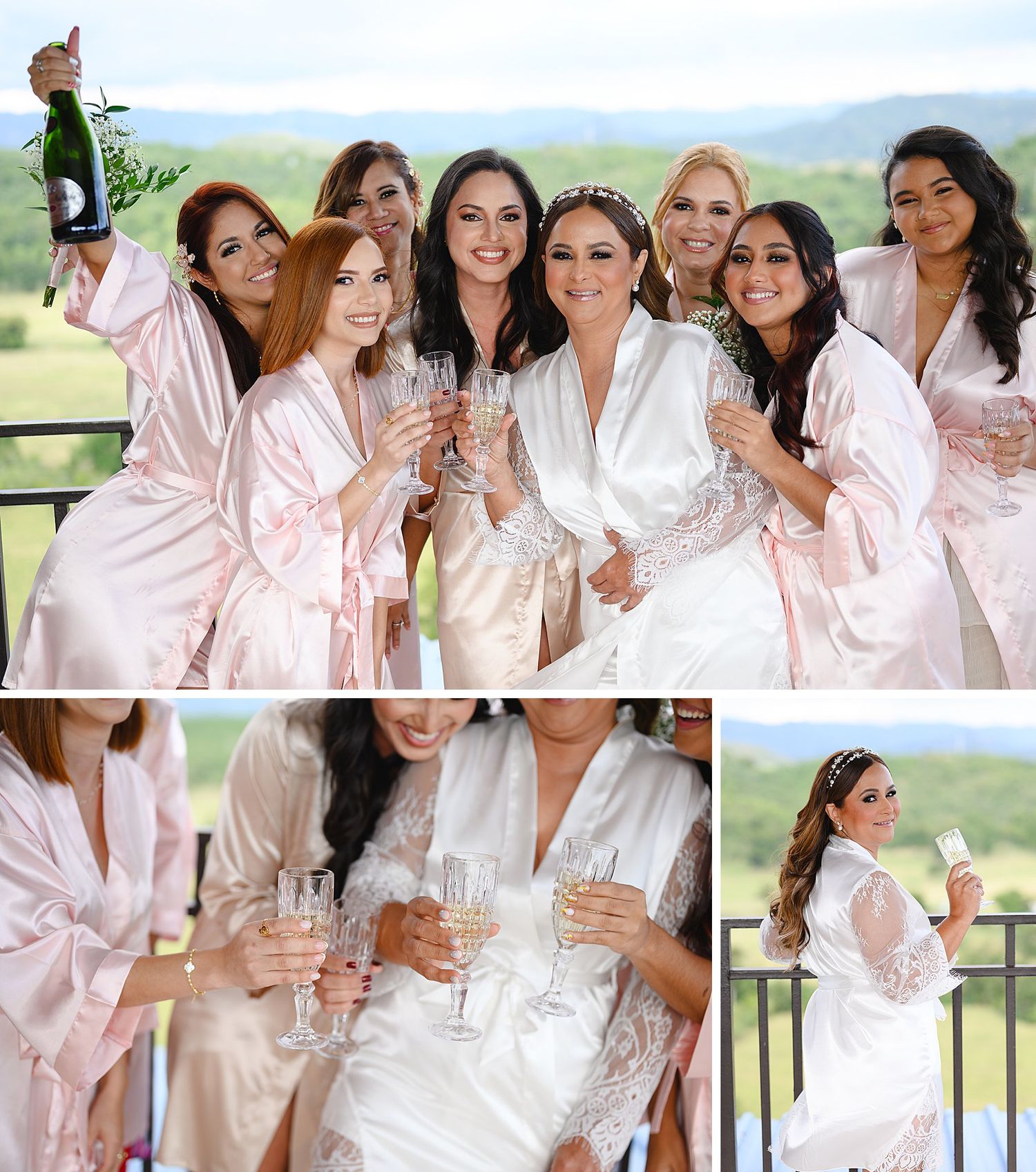 Bride and bridesmaids in silk robes celebrating with champagne on a balcony with scenic green hills in the background.