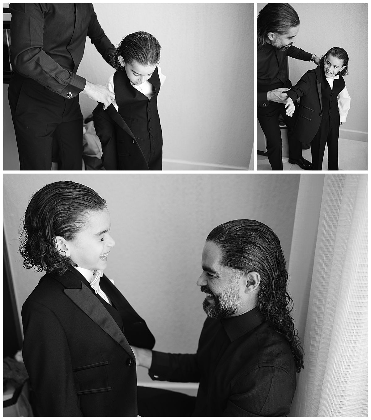 Black and white photo collage of a man helping a young boy in a tuxedo get dressed for a formal event.