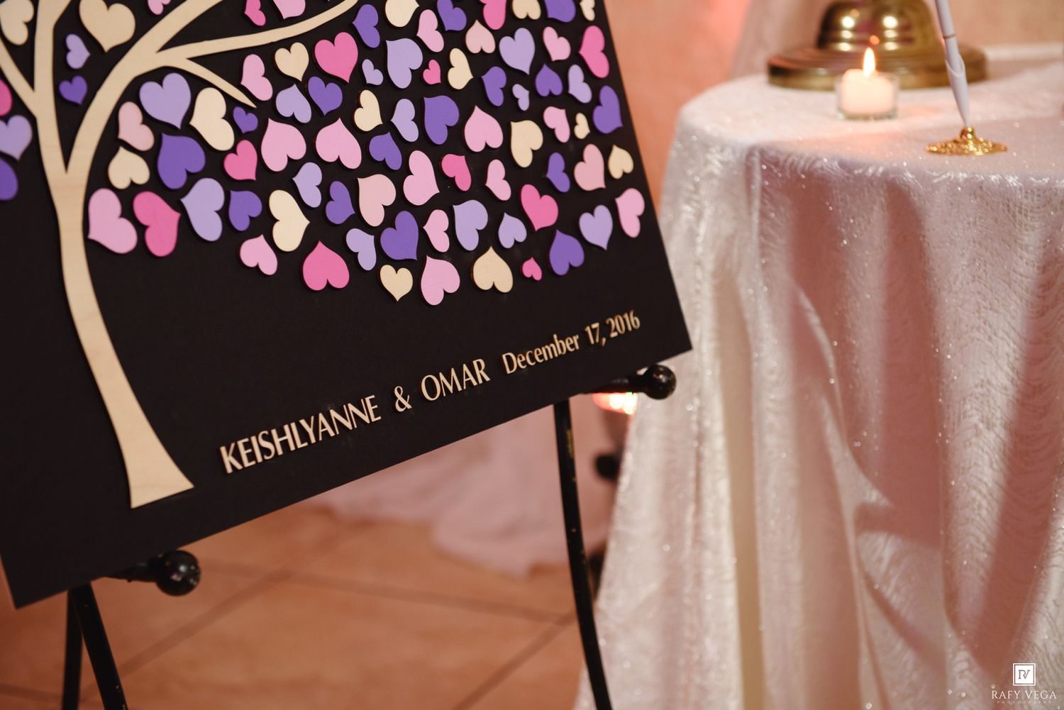 Wedding guest book tree sign for Keishlyanne & Omar, December 17, 2016, with colorful heart-shaped leaves.