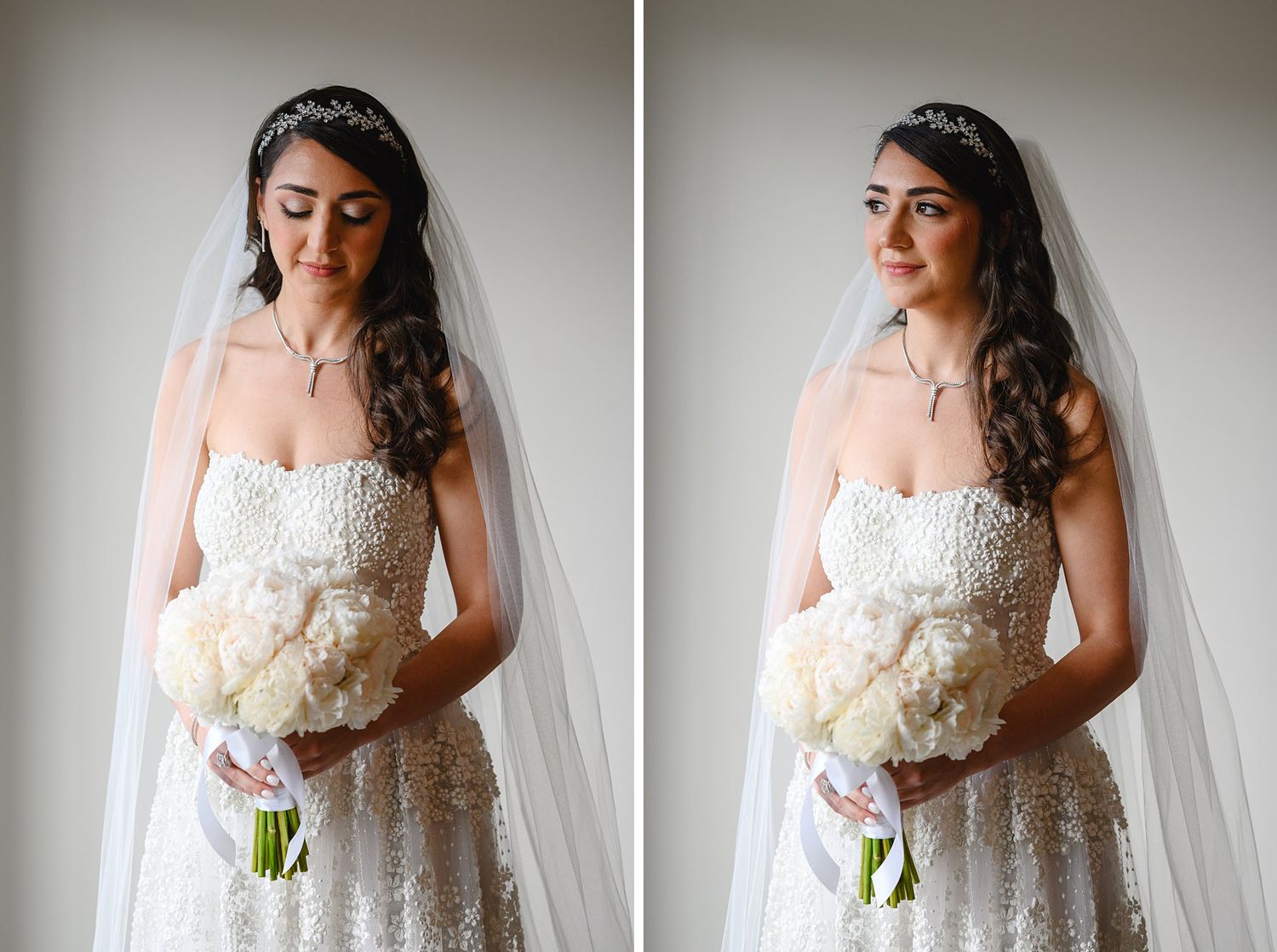 Bride in strapless beaded wedding gown with veil and tiara holding white peony bouquet, elegant bridal portrait.