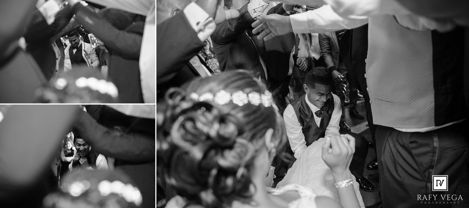 Black and white wedding photo collage showing bride and groom surrounded by guests during a celebratory moment.
