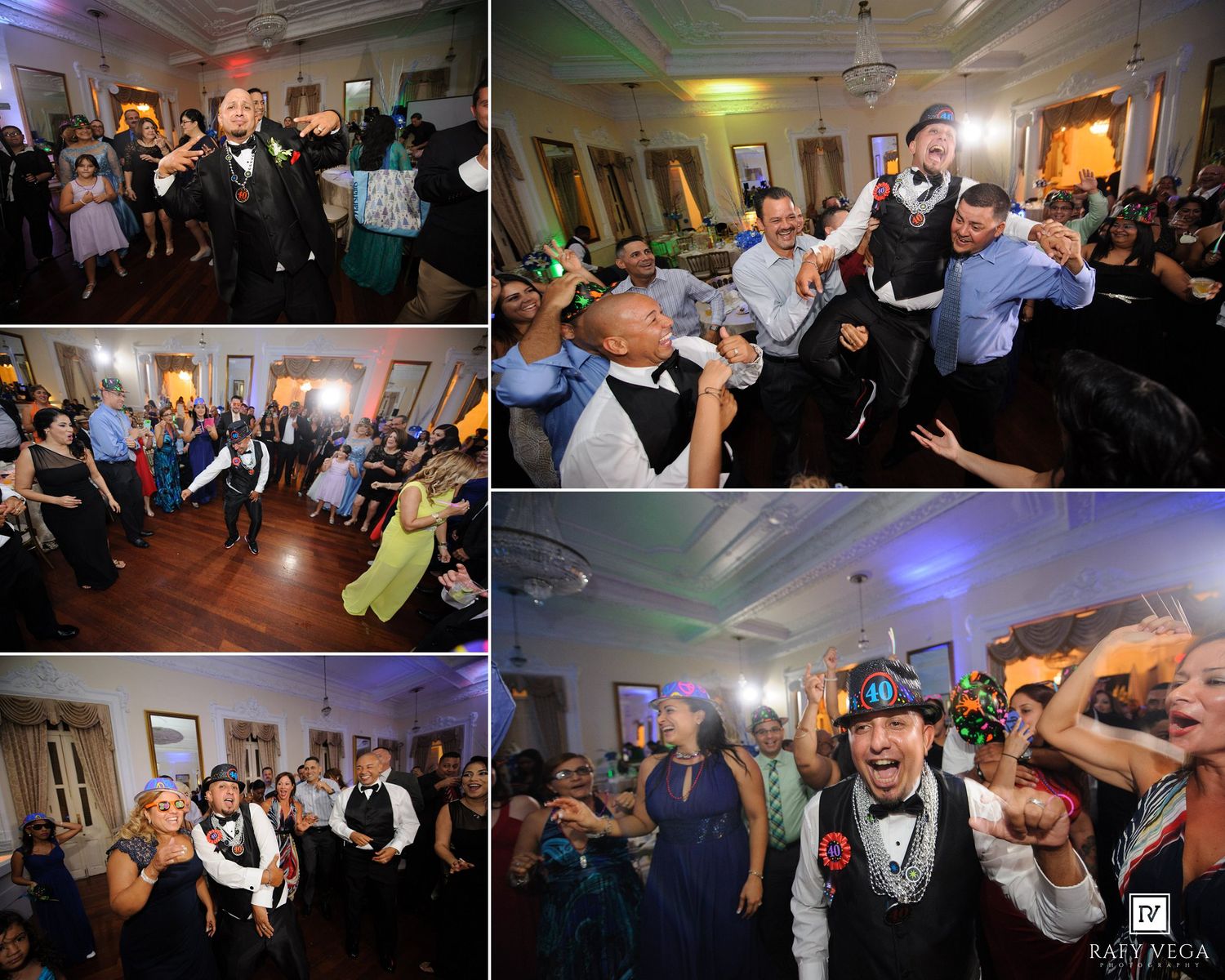 Energetic wedding reception dance floor with guests celebrating, laughing, and dancing in a decorated ballroom venue.