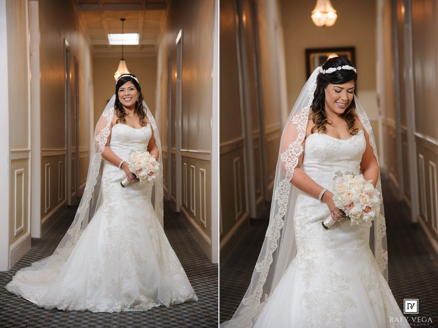 Bride in lace mermaid wedding dress and veil holding bouquet, posing in hotel hallway for bridal portrait.