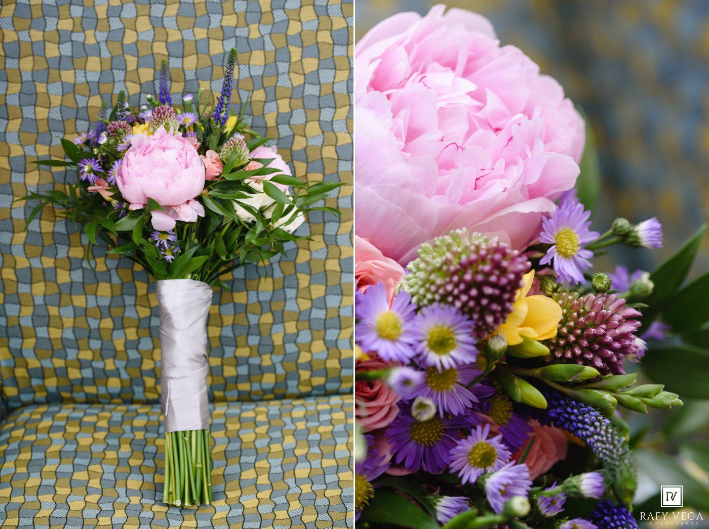 Pink peony and wildflower bridal bouquet with purple accents wrapped in white ribbon displayed against geometric fabric.