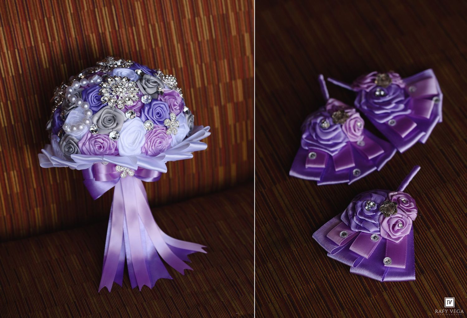 Purple satin ribbon bridal bouquet with silver brooches and matching corsages with pearl accents.