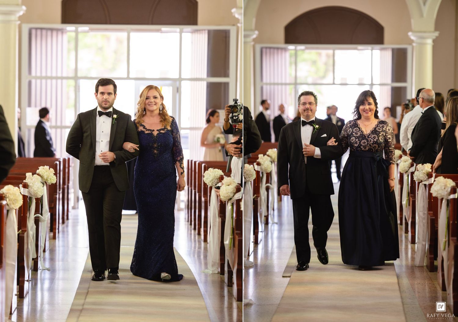 Elegant wedding processional in a white church with guests seated in pews as two couples walk down the aisle in formal attire.