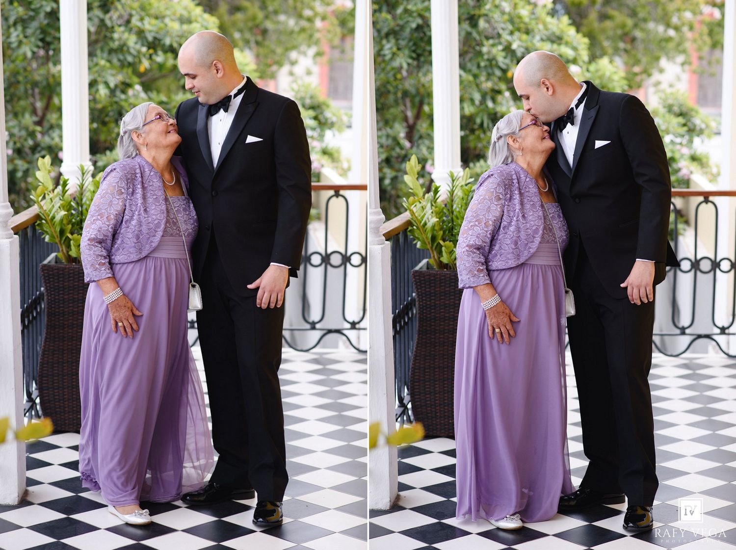 Elderly woman in lavender gown shares tender moment with tall man in tuxedo on black and white checkered porch.