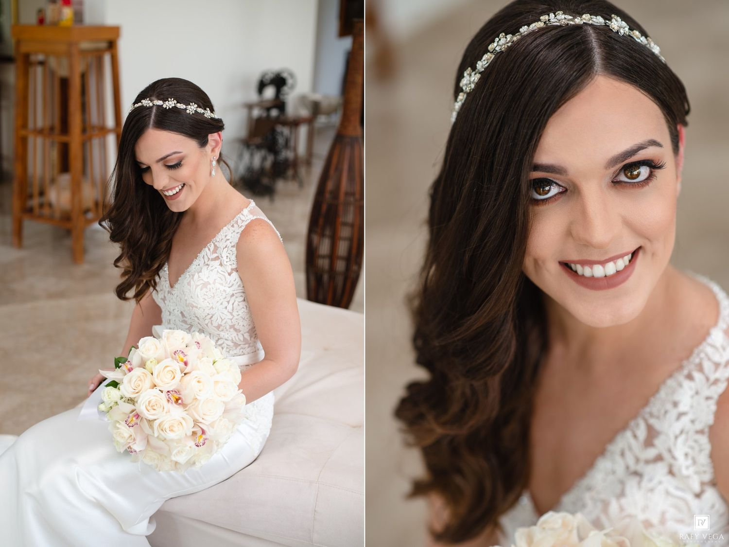 Elegant bride in white lace gown with floral headpiece, holding bouquet, smiling in a bright room.