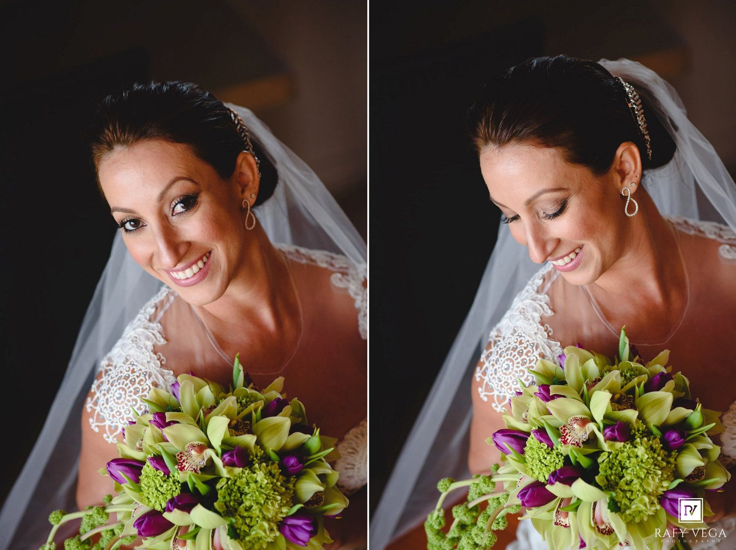 Radiant bride in white lace gown and veil smiling softly, holding a lush bouquet of green and purple flowers.