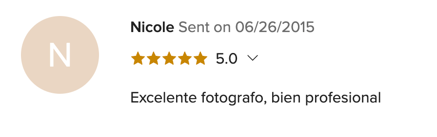 5-star review from Nicole praising an excellent and professional photographer, submitted on June 26, 2015.