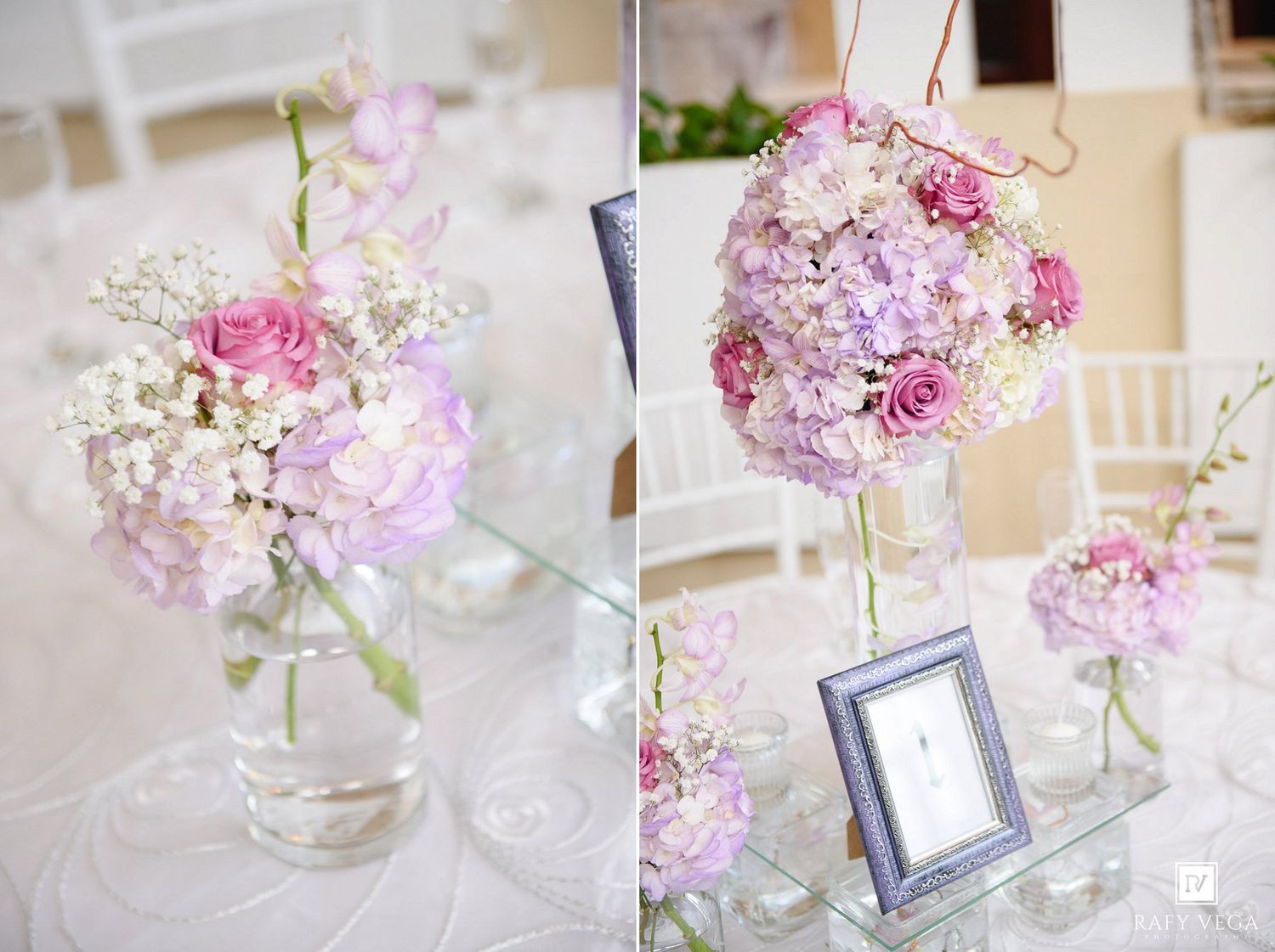 Elegant wedding table centerpieces featuring pink roses, hydrangeas, and baby's breath in glass vases.