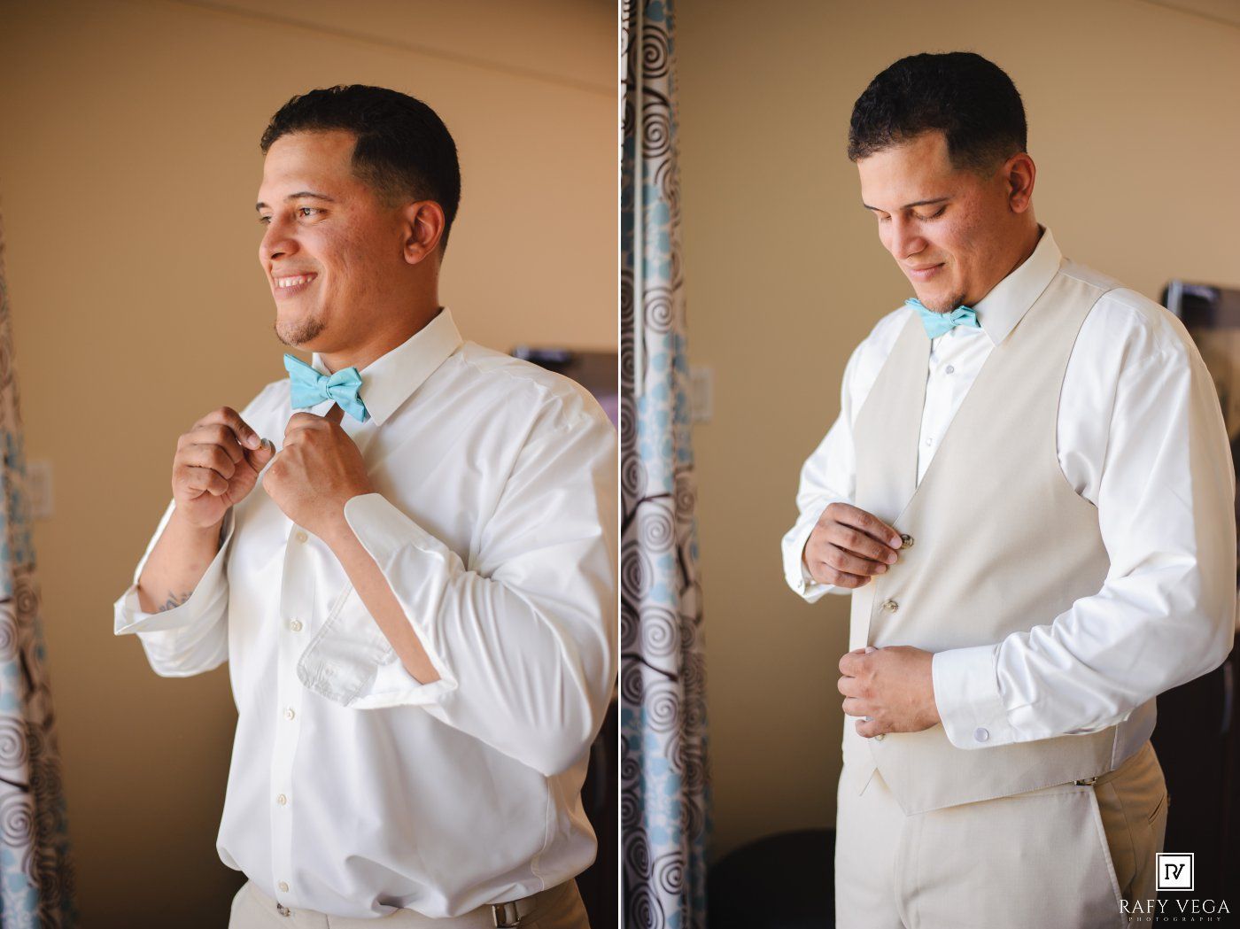 Groom adjusting turquoise bow tie and vest in wedding preparation photos.
