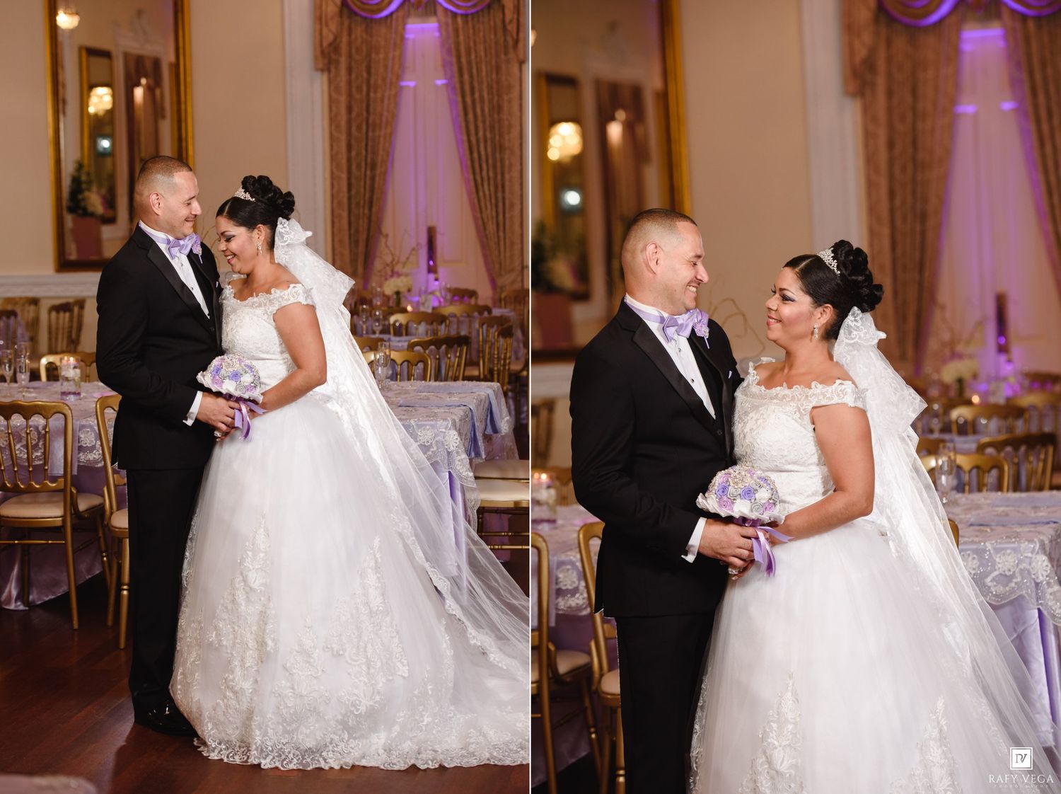 Bride and groom share a tender moment in an elegant wedding reception hall with gold chairs and purple decor.