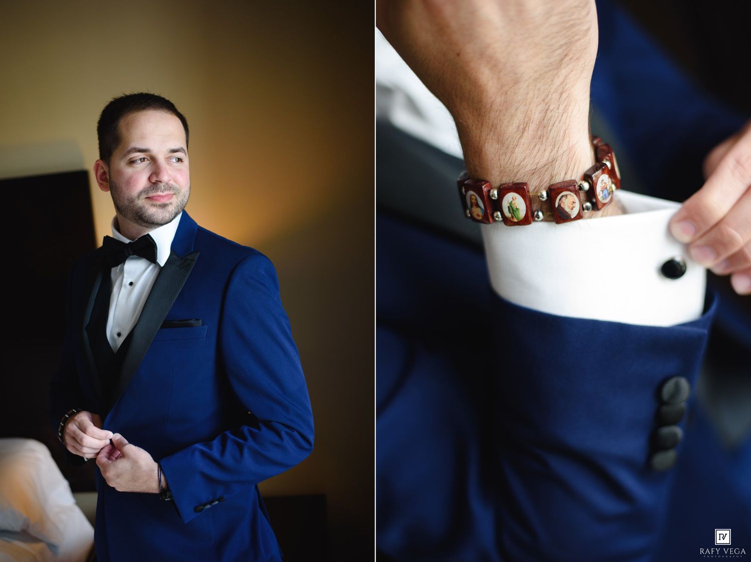 Groom in navy blue tuxedo adjusting jacket, with close-up of decorative brown leather cufflinks on white dress shirt.