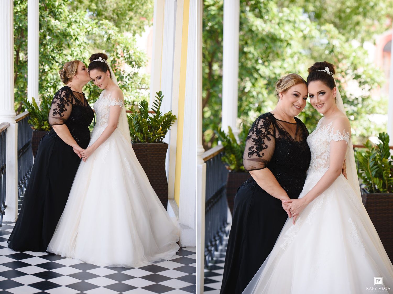 Two brides pose elegantly on a porch, one in a white ball gown and one in a black lace dress.