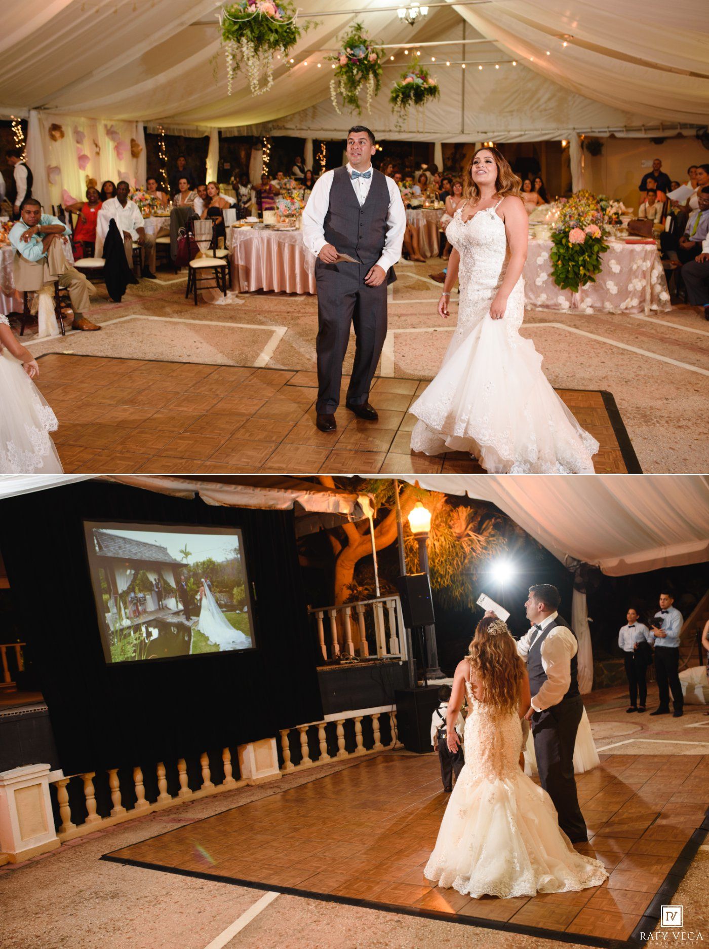 Bride and groom share first dance at romantic wedding reception with guests watching under decorated tent.