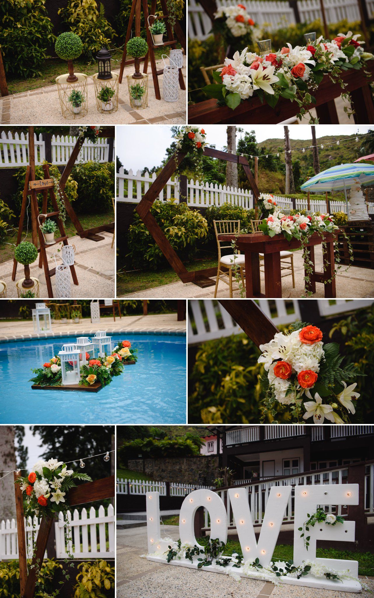Outdoor wedding decor with floral arch, LOVE letters, poolside lanterns, orange and white blooms, and rustic wooden accents.
