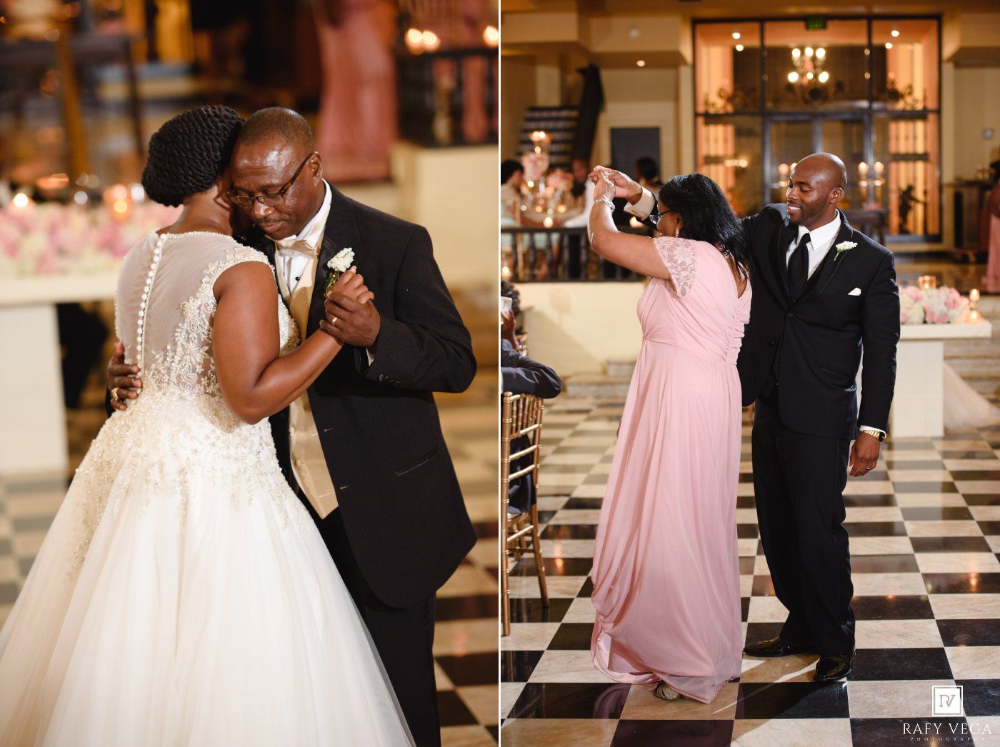 Bride and groom share first dance while mother and son dance nearby on black and white checkered floor.