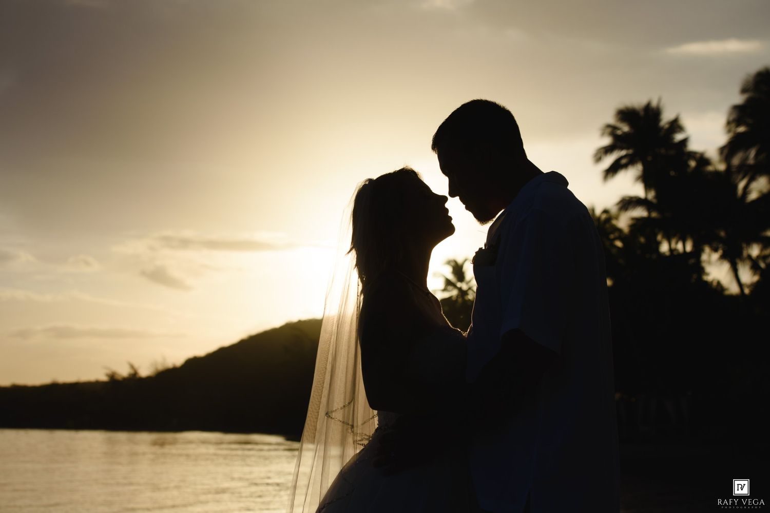 Silhouette of a bride and groom sharing a romantic moment at sunset by the water with palm trees.