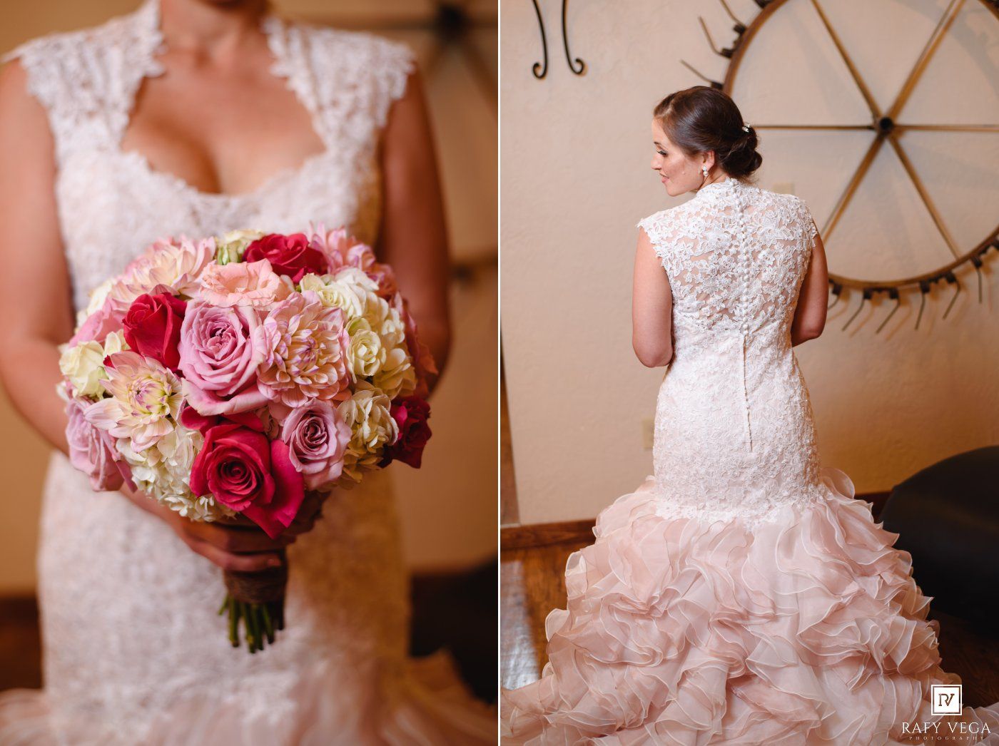 Bride in lace mermaid wedding dress holding pink and red rose bouquet, shown from front and back views.