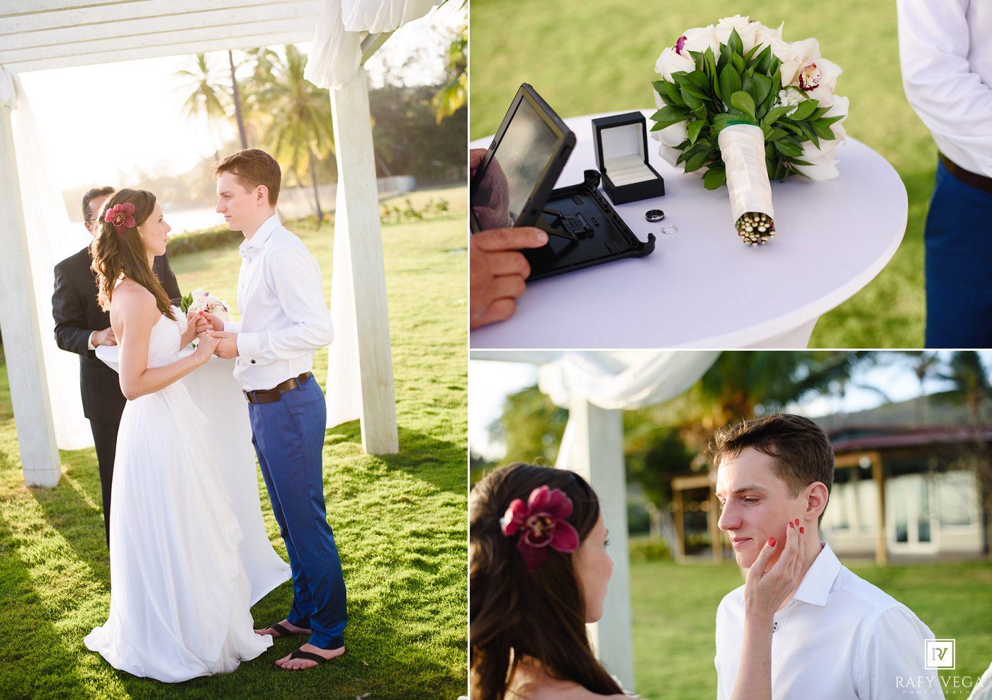 Outdoor wedding ceremony with bride in white dress and groom in blue jeans, bouquet and rings on table, emotional guest nearby.