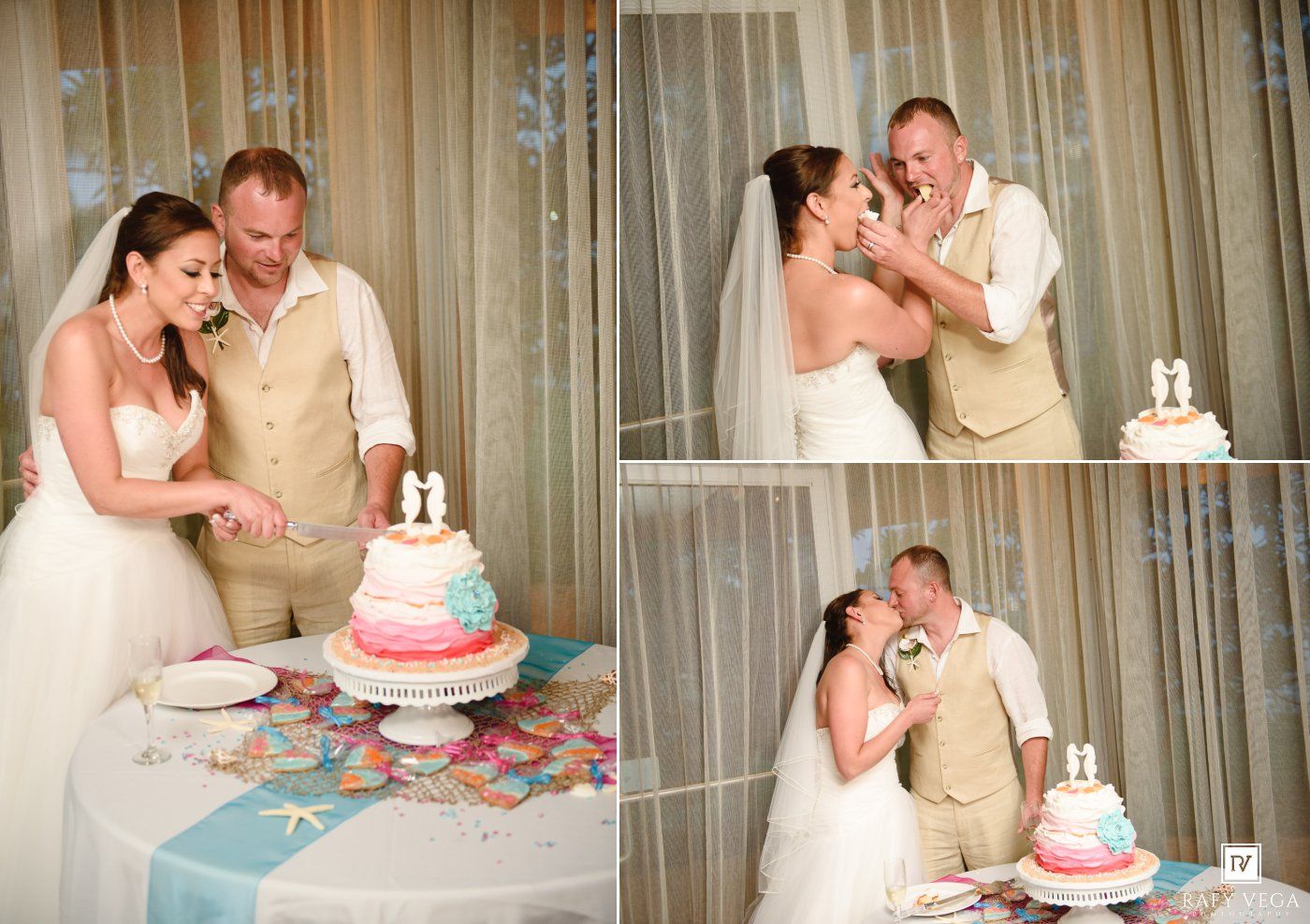 Bride and groom cutting and sharing their beach-themed wedding cake with starfish decorations at their reception.
