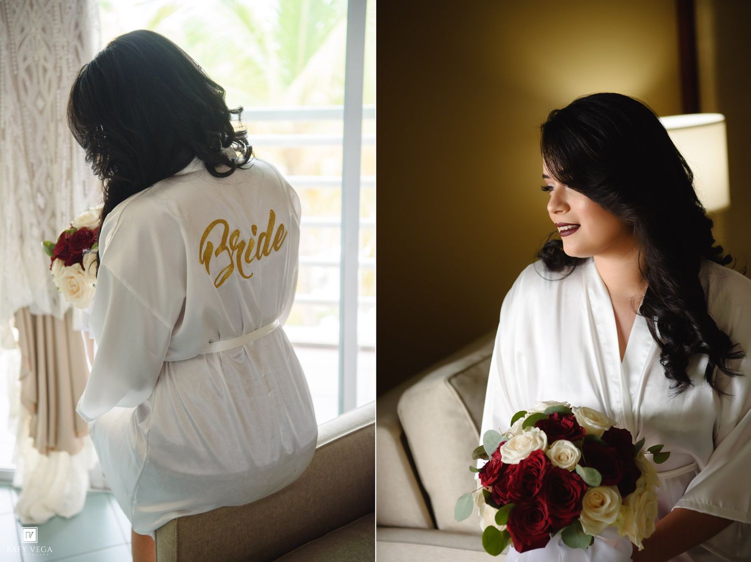 Bride in white robe with gold script holding red and white bouquet, preparing for wedding day.