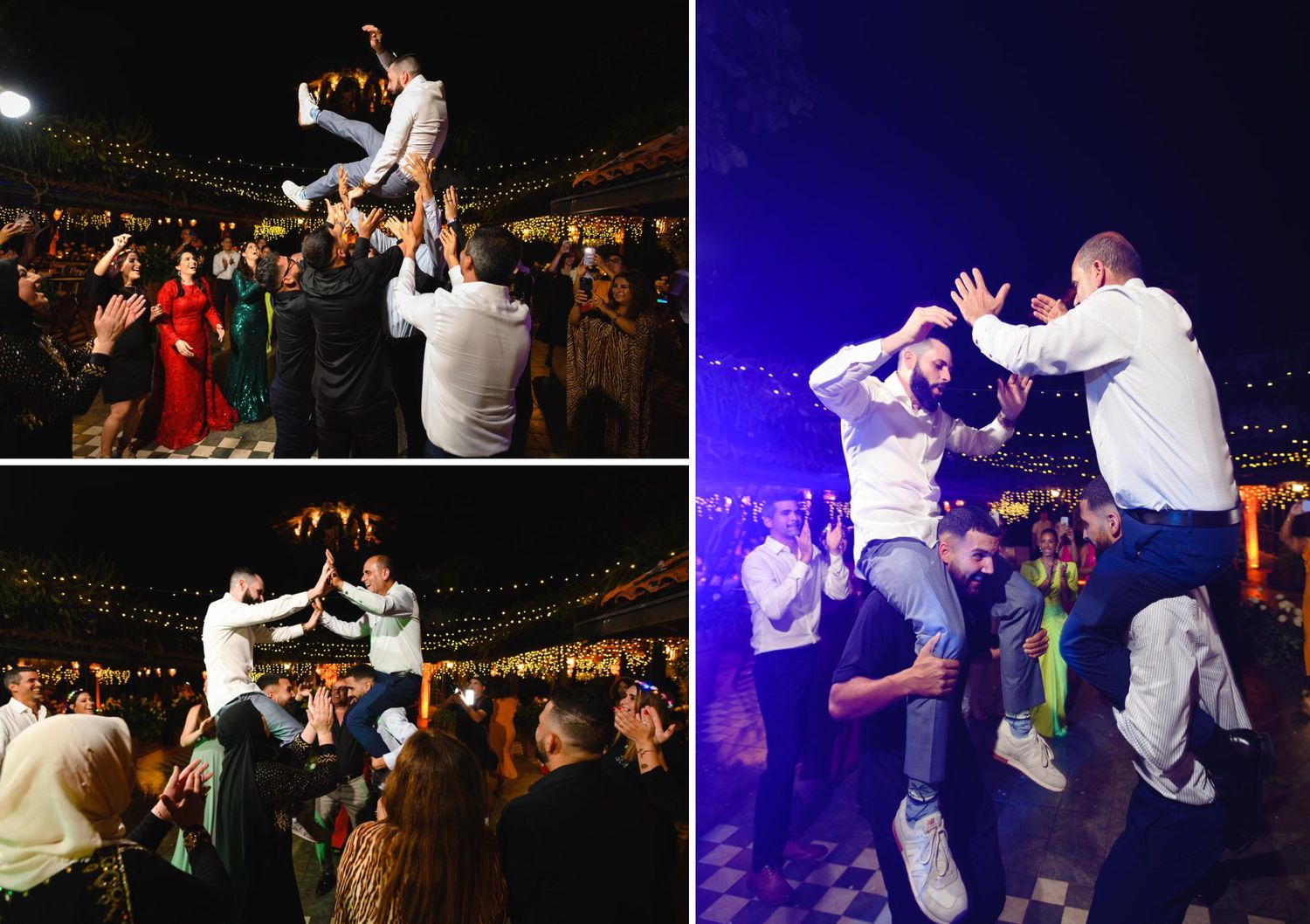 Guests celebrate at a lively wedding reception, lifting the groom overhead on the dance floor under string lights.
