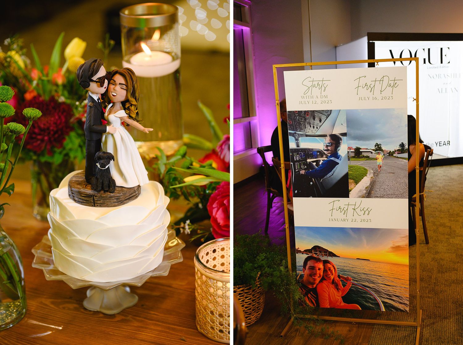 Wedding cake topper with bride and groom figurines beside a Vogue-style photo display board at a wedding reception.